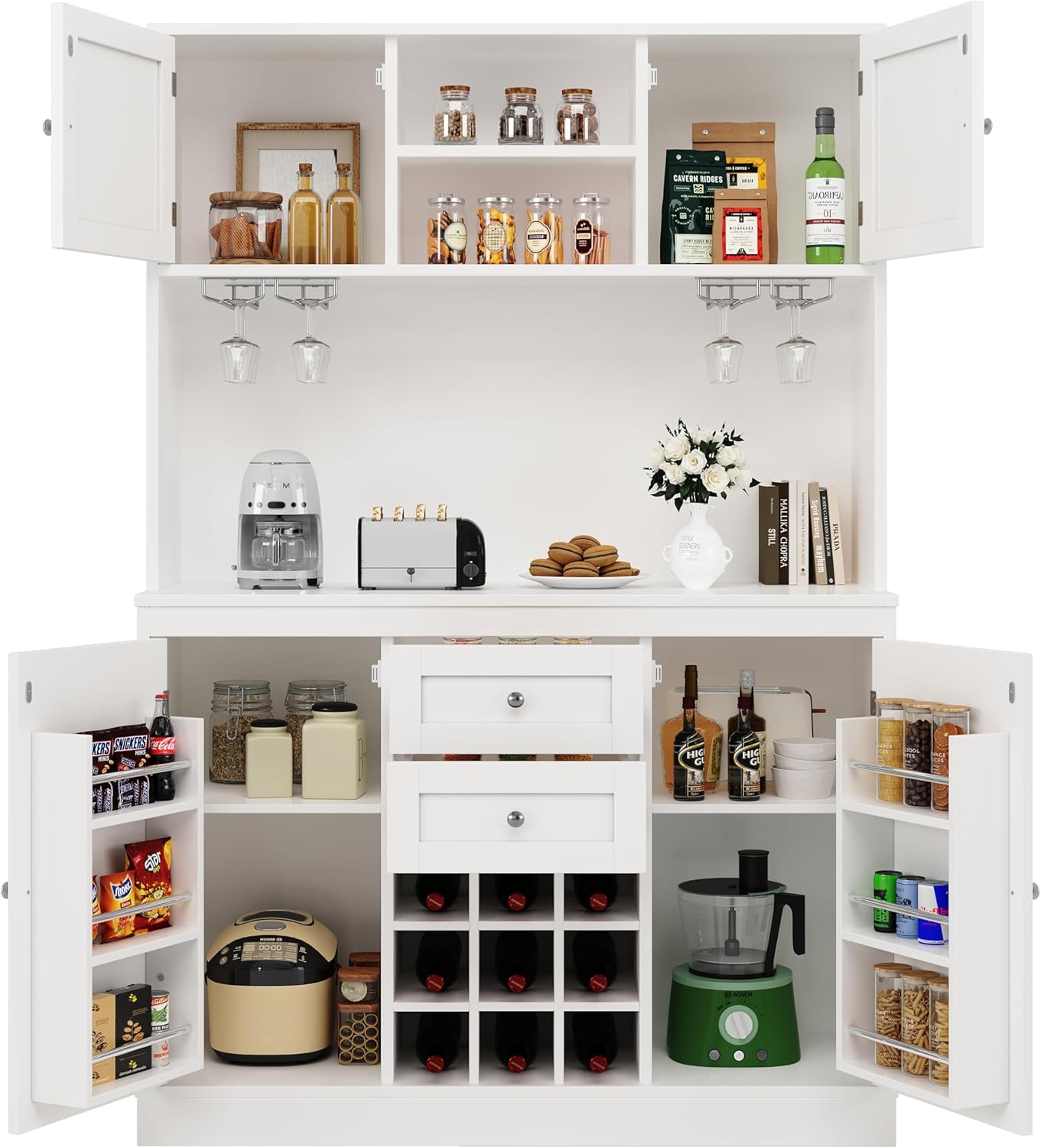 Armadietto da cucina a buffet con ripiani regolabili e scaffale per vino, armadietto alto da cucina a buffet con 4 ante e 2 cassetti, credenza, 120 x 40 x 188 cm, bianco