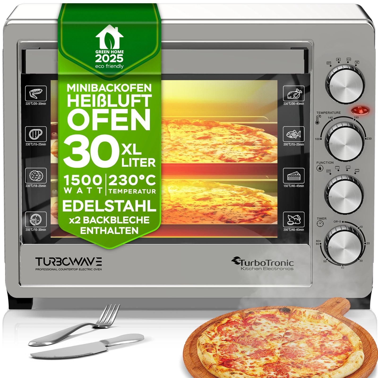 Minibackofen 30 L mit Grill, Umluft, Drehspieß & Timer Kompakter Tischbackofen