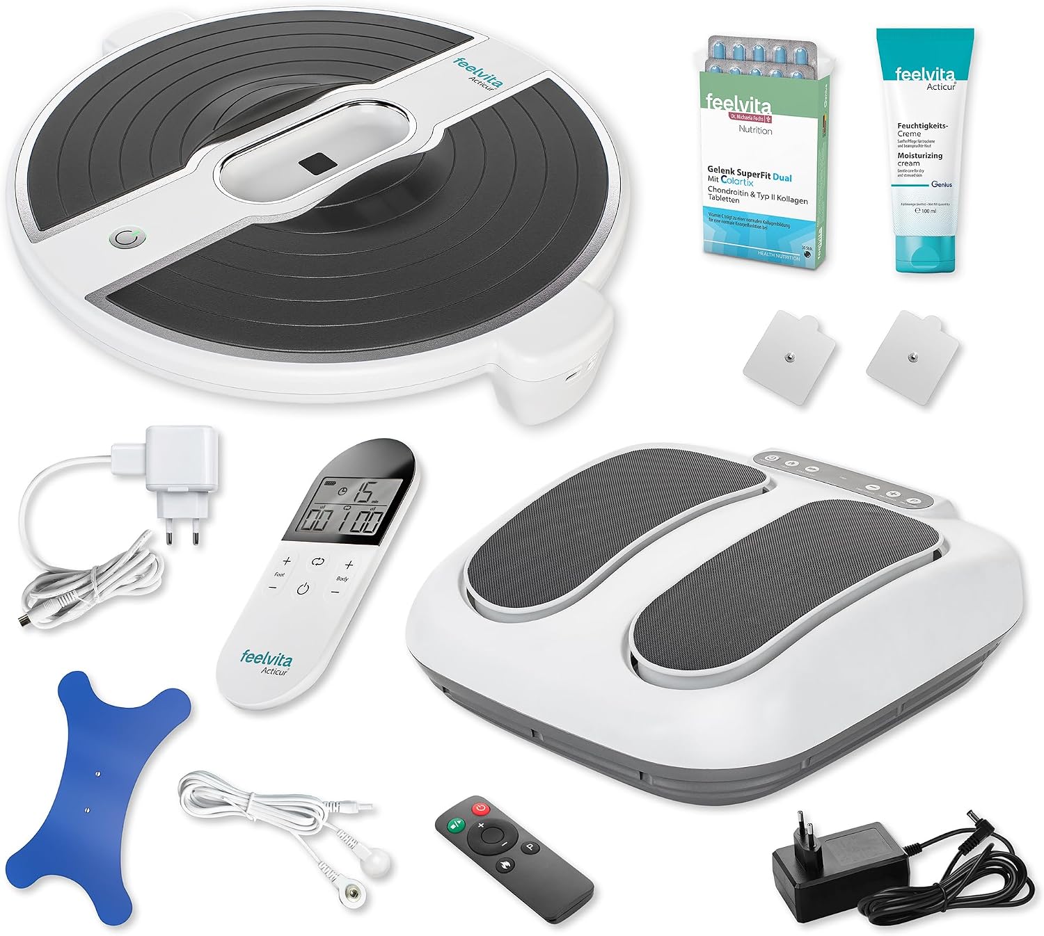 Genius Feelvita Acticur Set 15-tlg. EMS-Durchblutungsstimulator Bein und Fuß, TENS Gerät mit 3 Elektrodenpads inkl. Fußmassagegerät