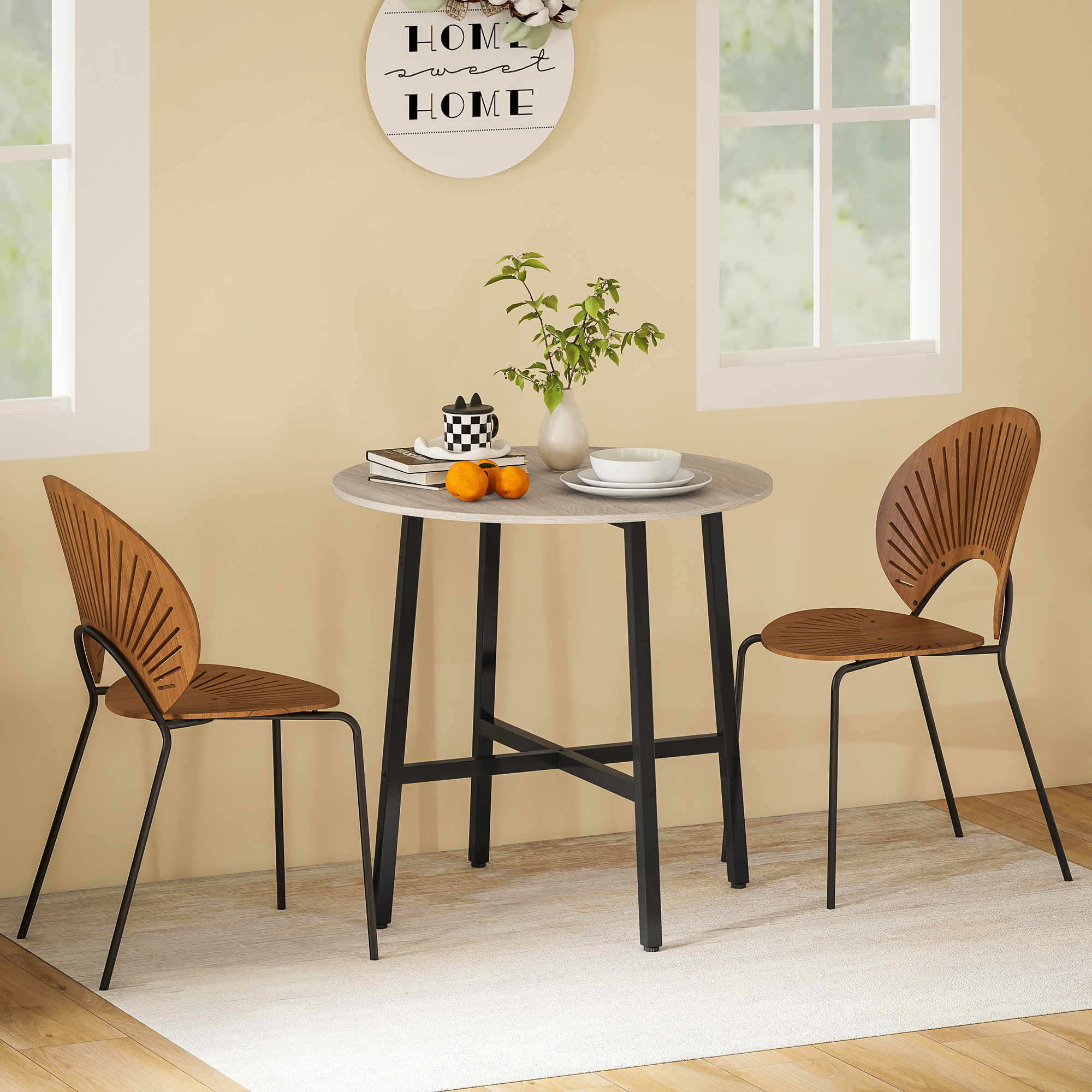 HOMCOM Runder Esstisch 80 cm für 2 Personen mit Holzoptikplatte und gekreuztem Stahlgestell, Naturholz