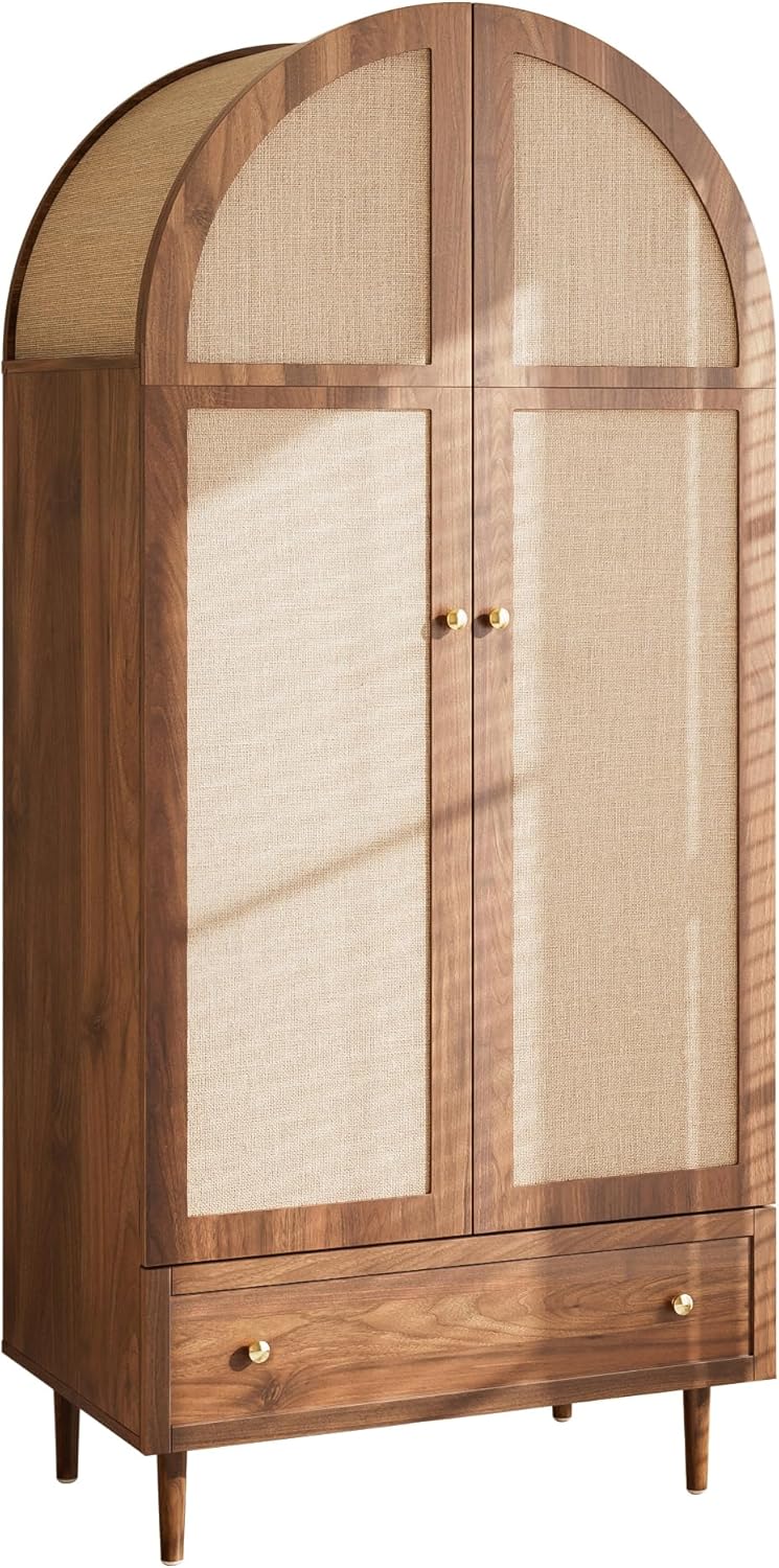 Children's Bedroom Wardrobe with Fabric Doors and Drawer, Walnut Effect, Wooden Feet, Practical Storage for Clothes and Accessories, Bedroom Compartments