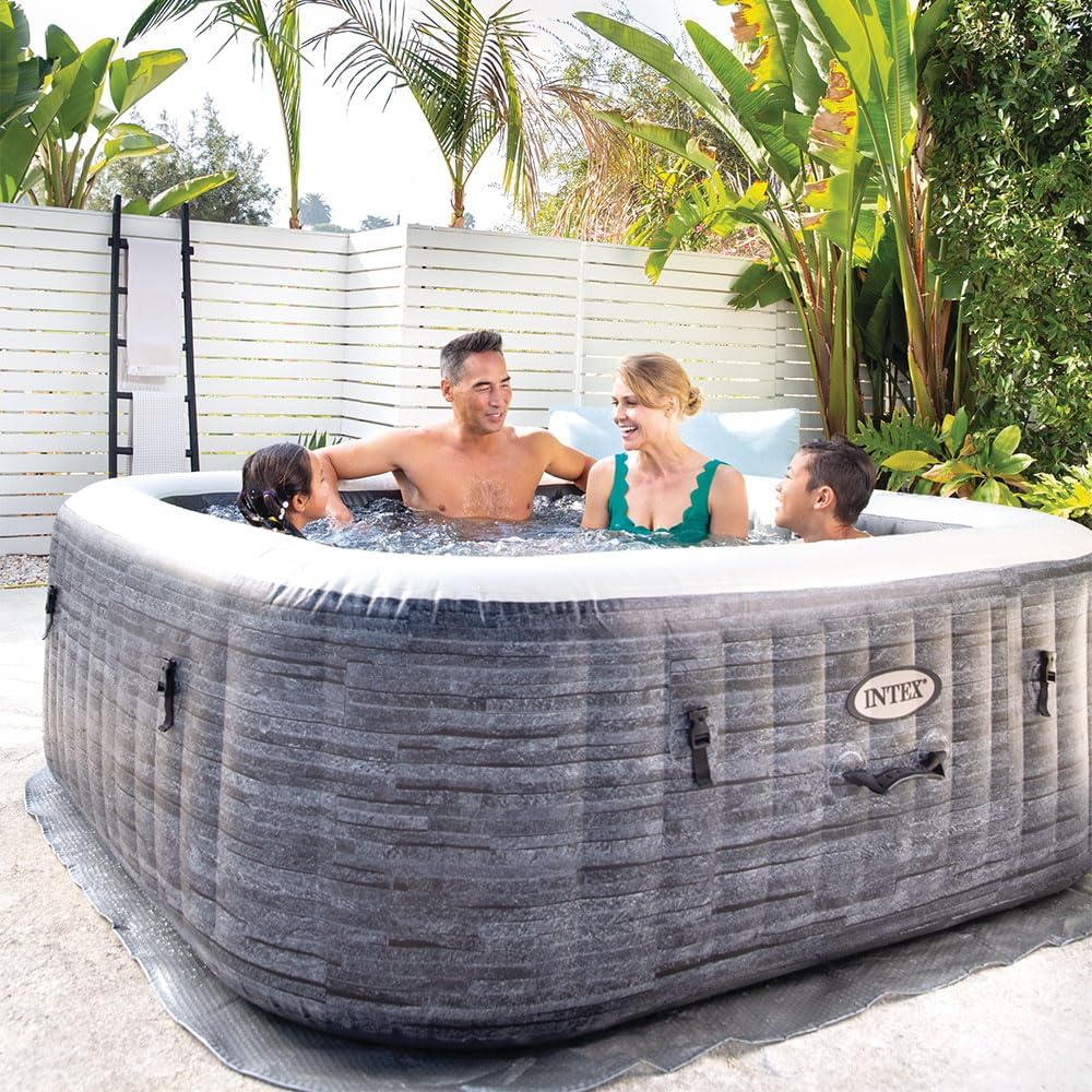 Intex 28452EX - PureSpa Vasca Idromassaggio Greystone Deluxe Quadrata, 6 posti, 170 Getti, Riscaldatore, PVC, Grigio, 195x195x71 cm