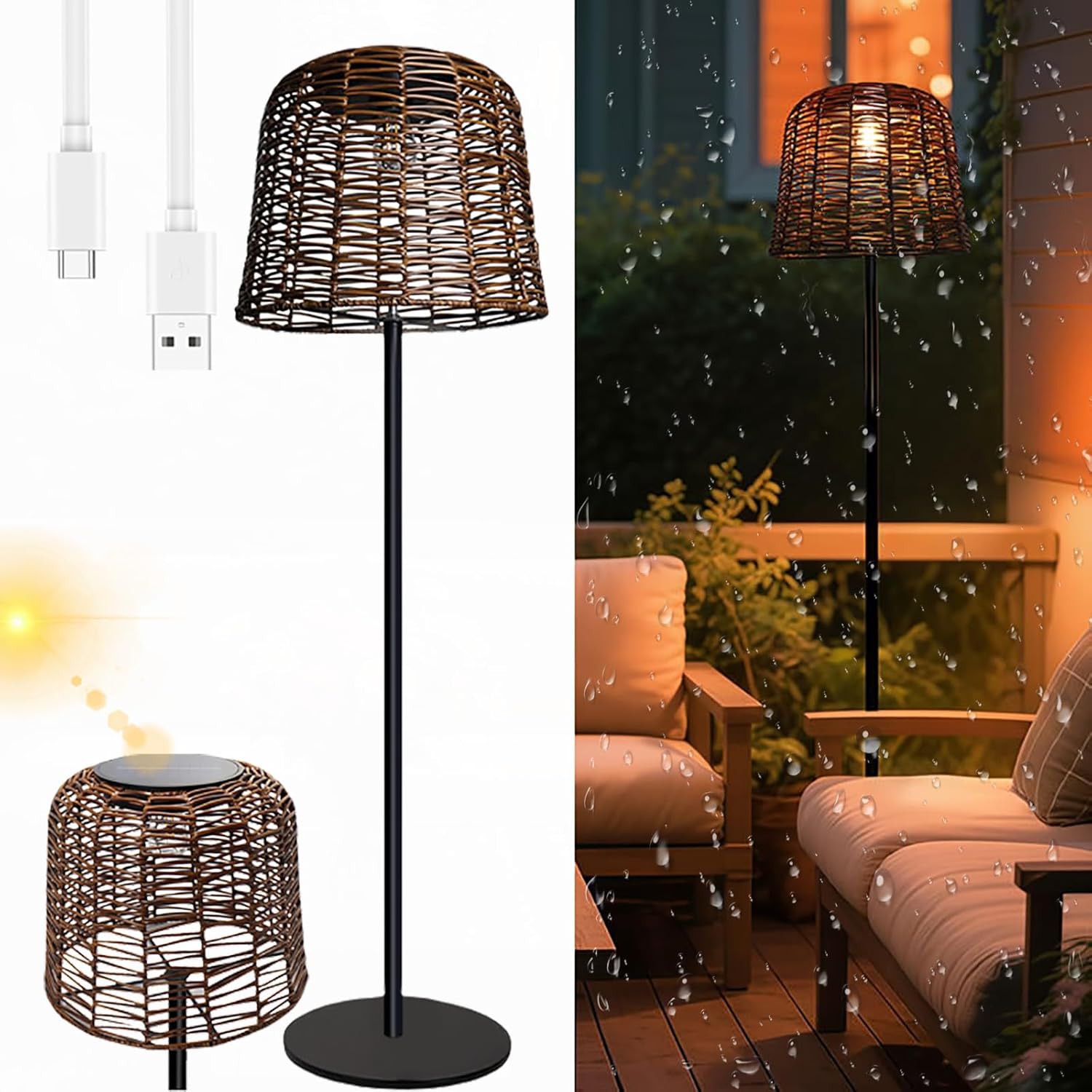 So Outdoor-Stehlampe, wasserdicht, kabellos, Rattan-Design, USB-C-Ladegerät, Metallsockel, Stimmungsbeleuchtung für Terrasse, Garten und Landschaft, Dekoration, Outdoor-LED-Beleuchtung