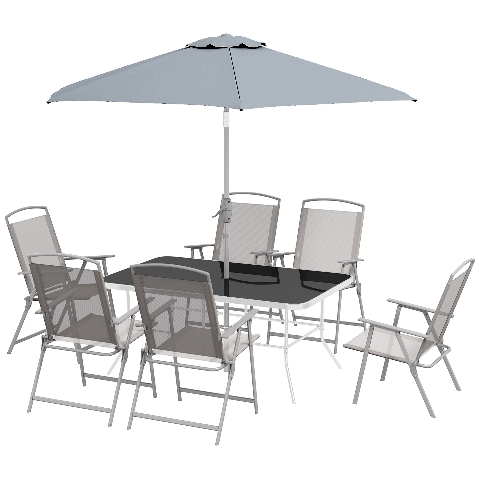 Outsunny Gartenmöbel-Set 8-teilig mit großem Sonnenschirm, Tisch und klappbaren Stühlen - Epoxid-Stahl, Textilene, Polyester in Grau