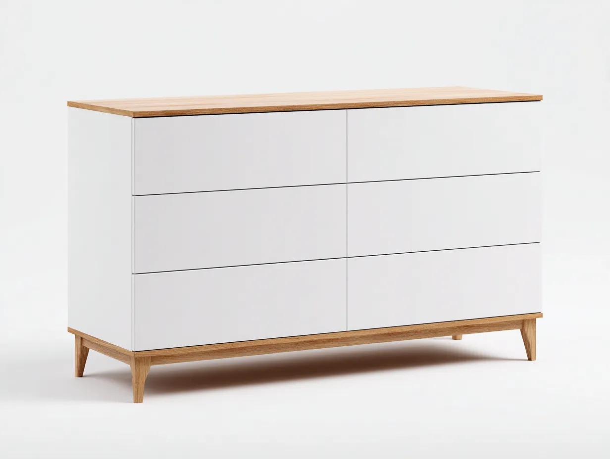 Kommode mit Schubladen - Holzwerkstoff-Massivholz - 132 x 45 x 78 cm - Weiß-Eichefarben - Moderner skandinavischer Stil