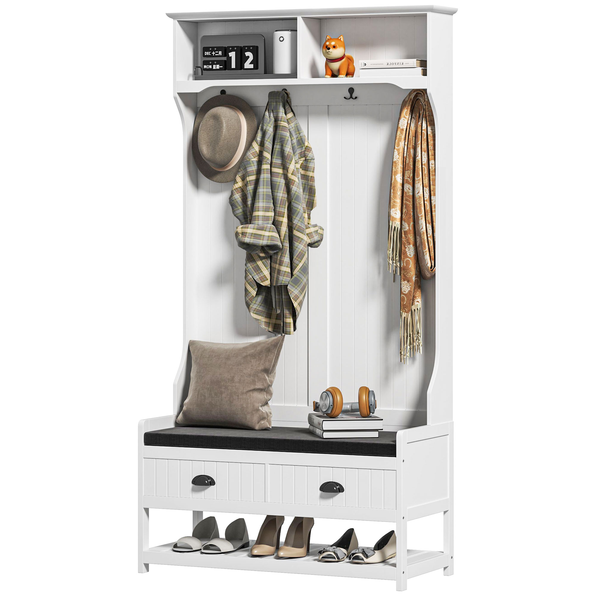 HOMCOM Garderobenständer mit Haken, Garderobe mit Schuhbank, für Eingangsbereich, Flur, Metall, MDF, Weiß+Grau