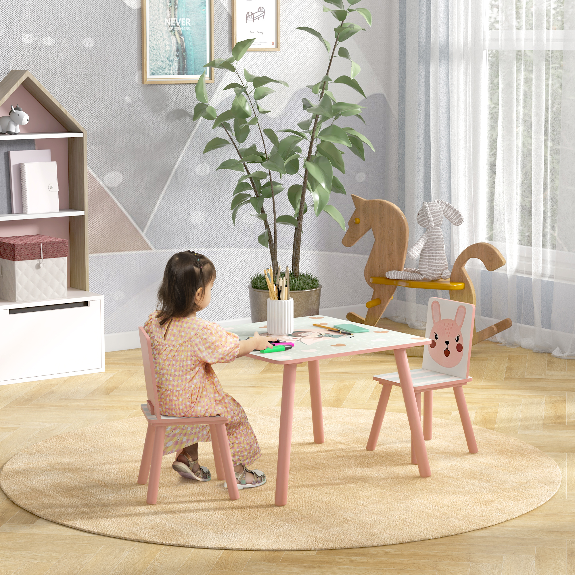 ZONEKIZ Kindertisch und Stuhlset, Kindertisch mit 2 Stühlen, Tiermuster für Kinderzimmer rosa