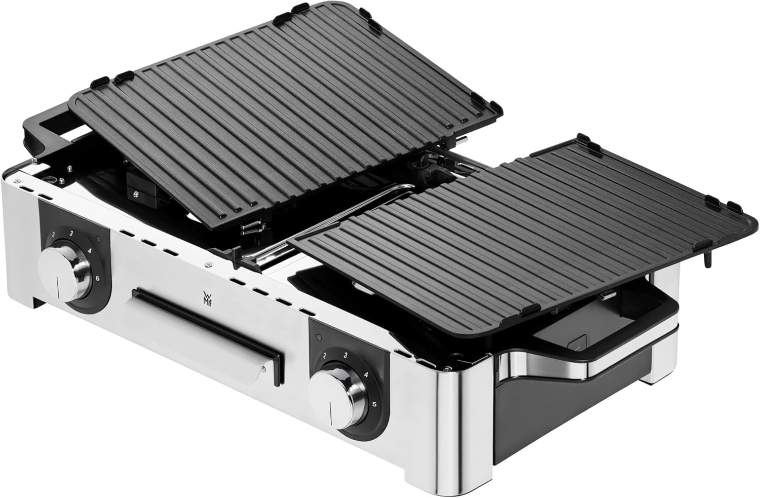 WMF Lono Master-Grill, Elektrogrill, 50x28 cm, Elektrogrill Tischgrill mit Windschutz und Auffangschale, Outdoorzertifiziert für Barbecue, 2 getrennt regulierbare Grillflächen, 2400 W, edelstahl matt