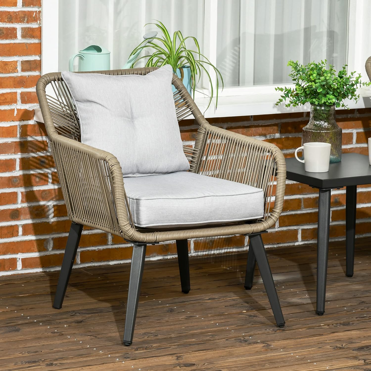 Outsunny 3-Piece Garden Table and Chairs Set in PE Rattan and Steel with 2 Modern Chairs and 1 Coffee Table, Grey
