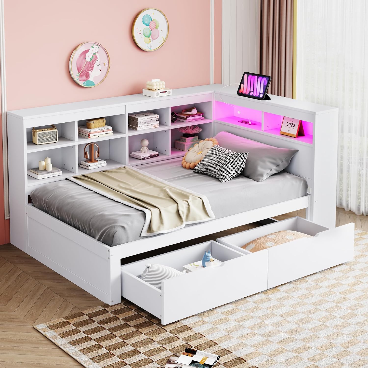 Kehun Kinderbett Sofabett 90x200 cm mit LED und USB Port, Ohne Matratze, Einzelbett Bett mit Lattenrost aus Holz, Weiß