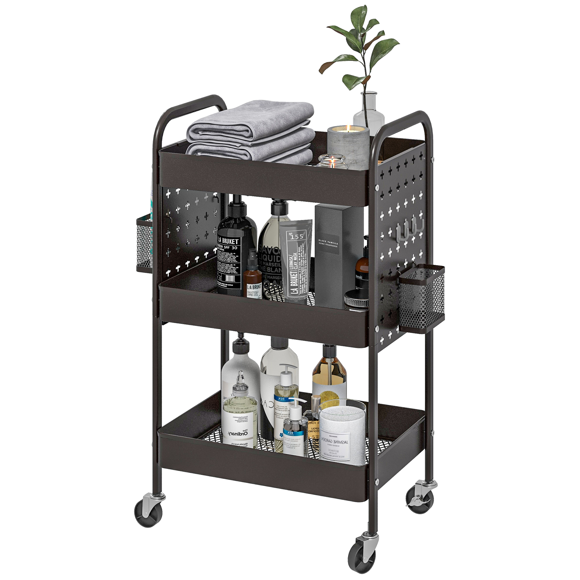 HOMCOM Mehrzweckwagen Rollwagen Küchenwagen, 3 Regale, 4 Rollen, 53,5 cm x 30,5 cm x 75 cm, Schwarz