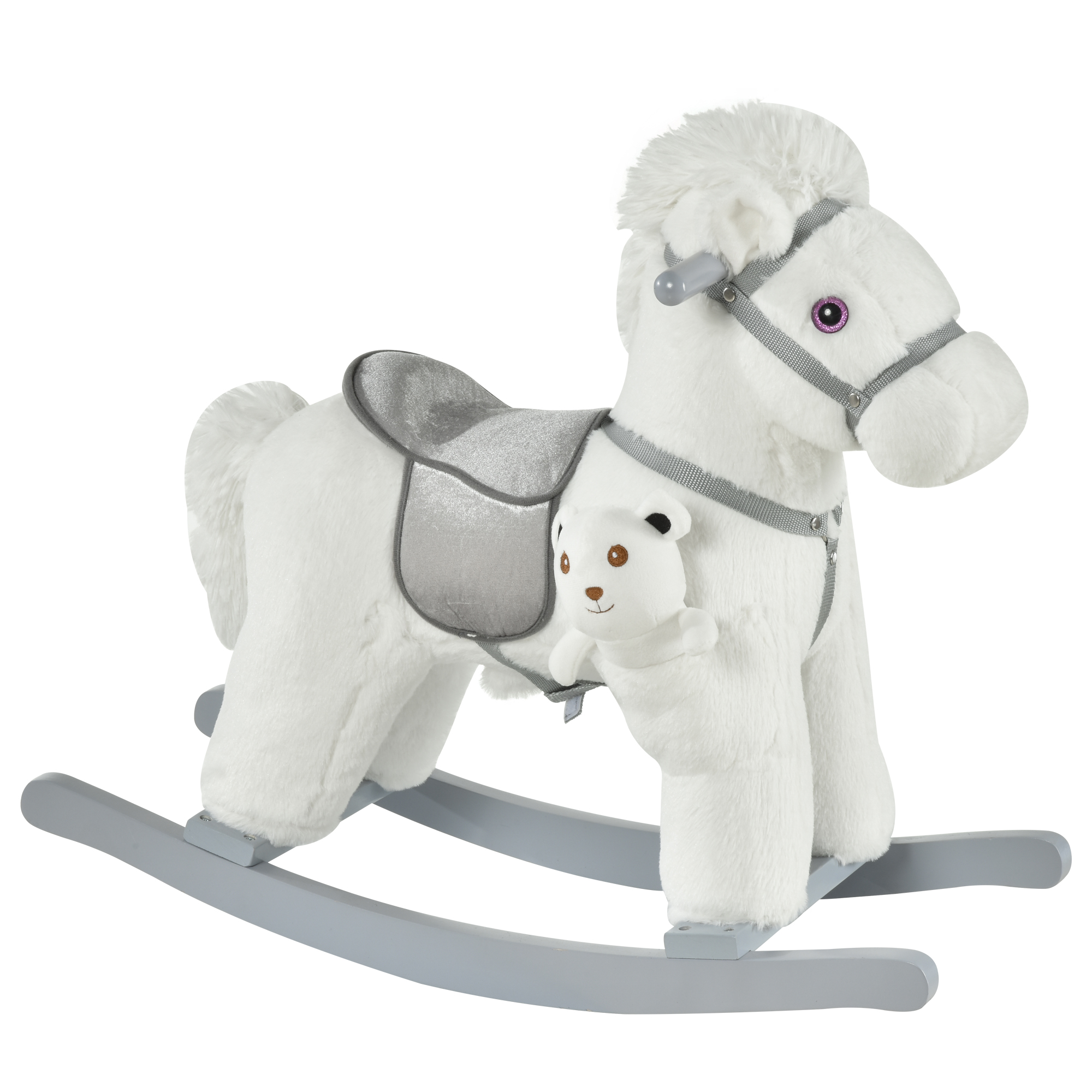 HOMCOM Kinder Schaukelpferd Baby Schaukeltier mit Tiergeräusche Spielzeug Haltegriffe für 18-36 Monate Plüsch Weiß 65 x 26 x 55 cm