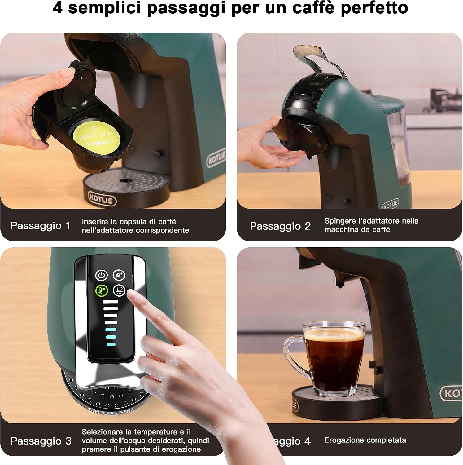 KOTLIE Macchina da caffè multifunzione compatibile con capsule e polvere, 3 tempi, 7 livelli di acqua, serbatoio acqua da 1 L (EM-308B)