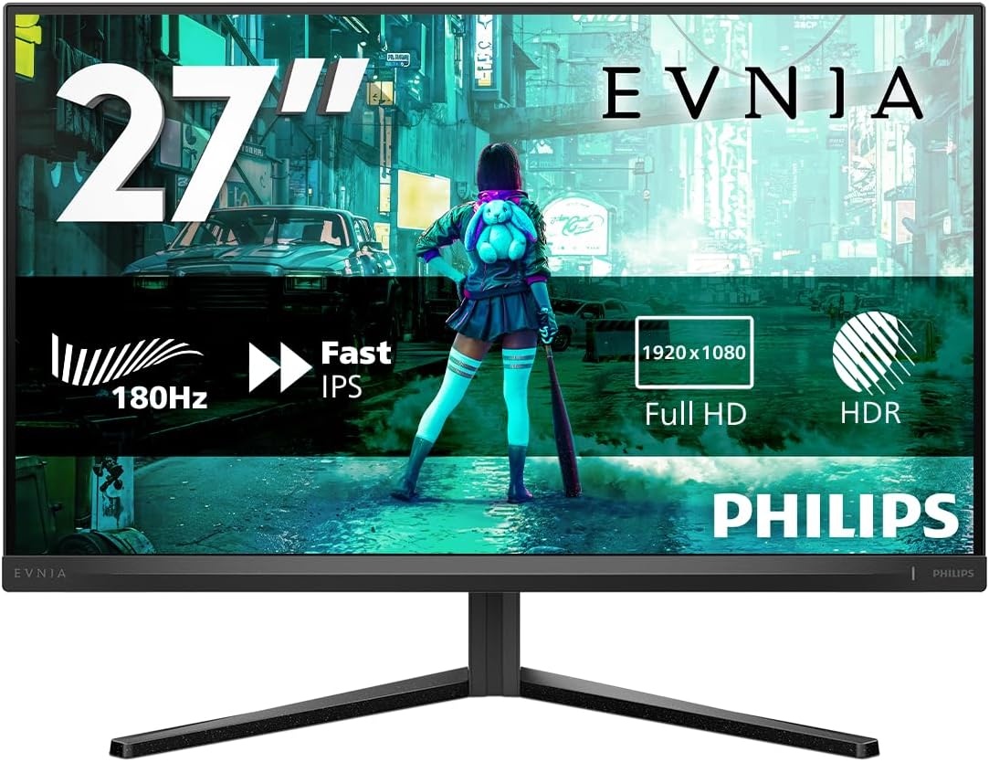 PHILIPS Evnia Gaming Monitor 27M2N3200AM 27 pollici 1920x1080, FHD, 180Hz, Fast IPS Panel, 1ms GtG, Speakers, Height Adjustment, (HDMI2x 2.0 DP 1x 1.4) Adaptive Sync, HDR10, G-Sync Comp. Grigio Scuro