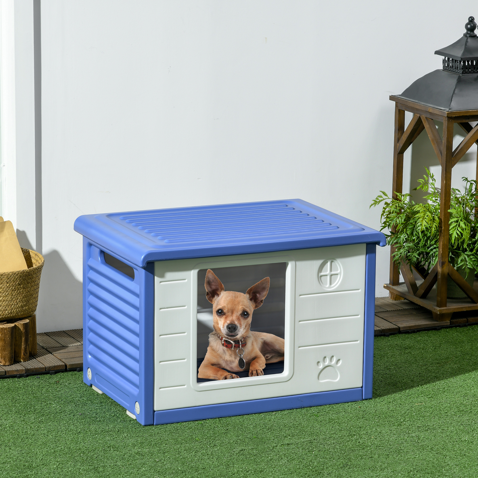 PawHut Hundehütte draußen aus Kunststoff Hundehaus mit Belüftungsöffnungen blau und weiß