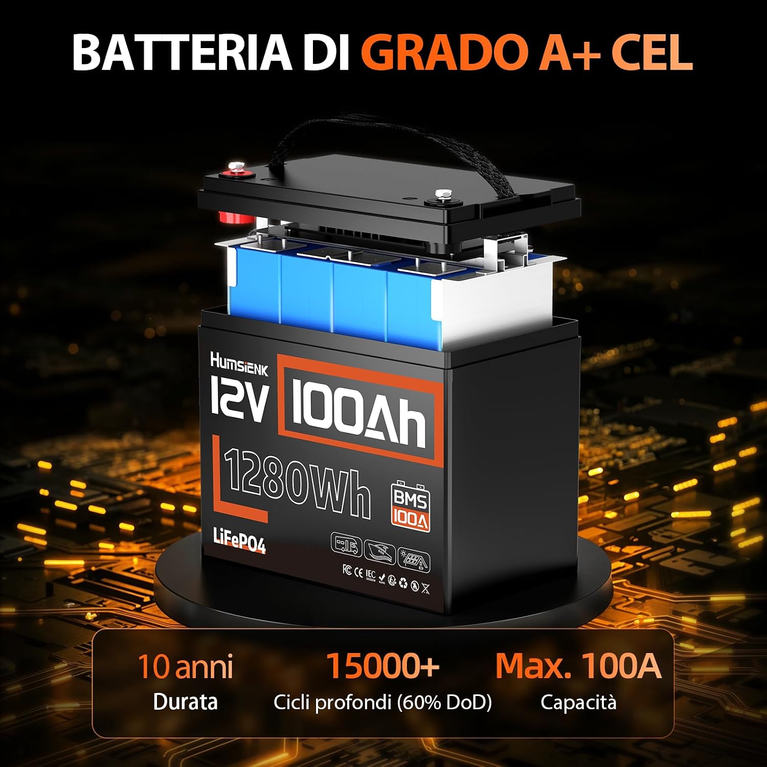 Humsienk Batteria Litio 12V 100Ah con 100A BMS e Protezione Bassa Temperatura, 1280Wh Energia, Max. 15000 cicli, Batteria LiFePO4 12V per Camper, Barca, Impianti Solari, Off-Grid