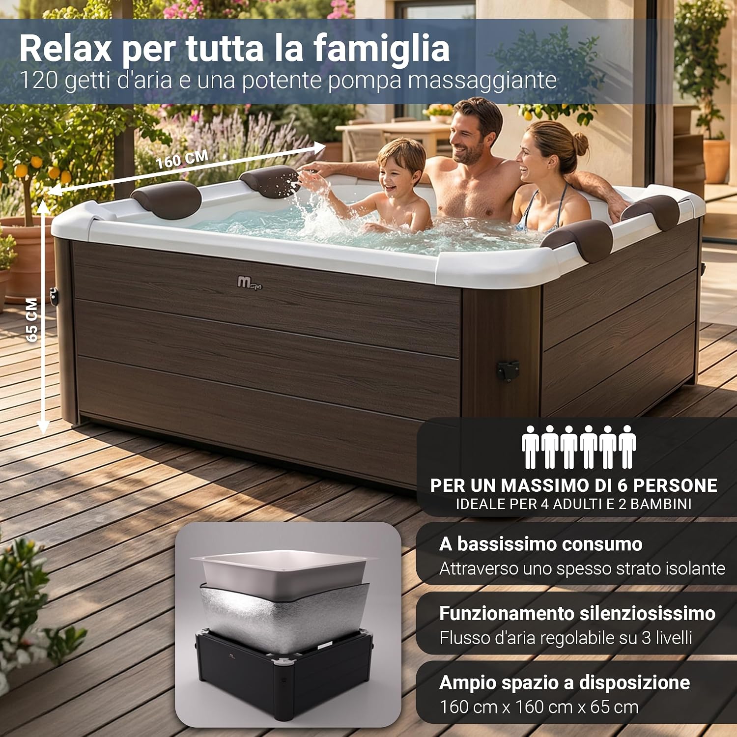 Miweba Vasca Idromassaggio MSpa Tribeca con Parete Esterna Rigida | Controllo tramite App | Spa per 6 Persone | 160x160x65 cm | 120 Getti Massaggianti | Utilizzo Tutto l’Anno, Adatta all’Inverno