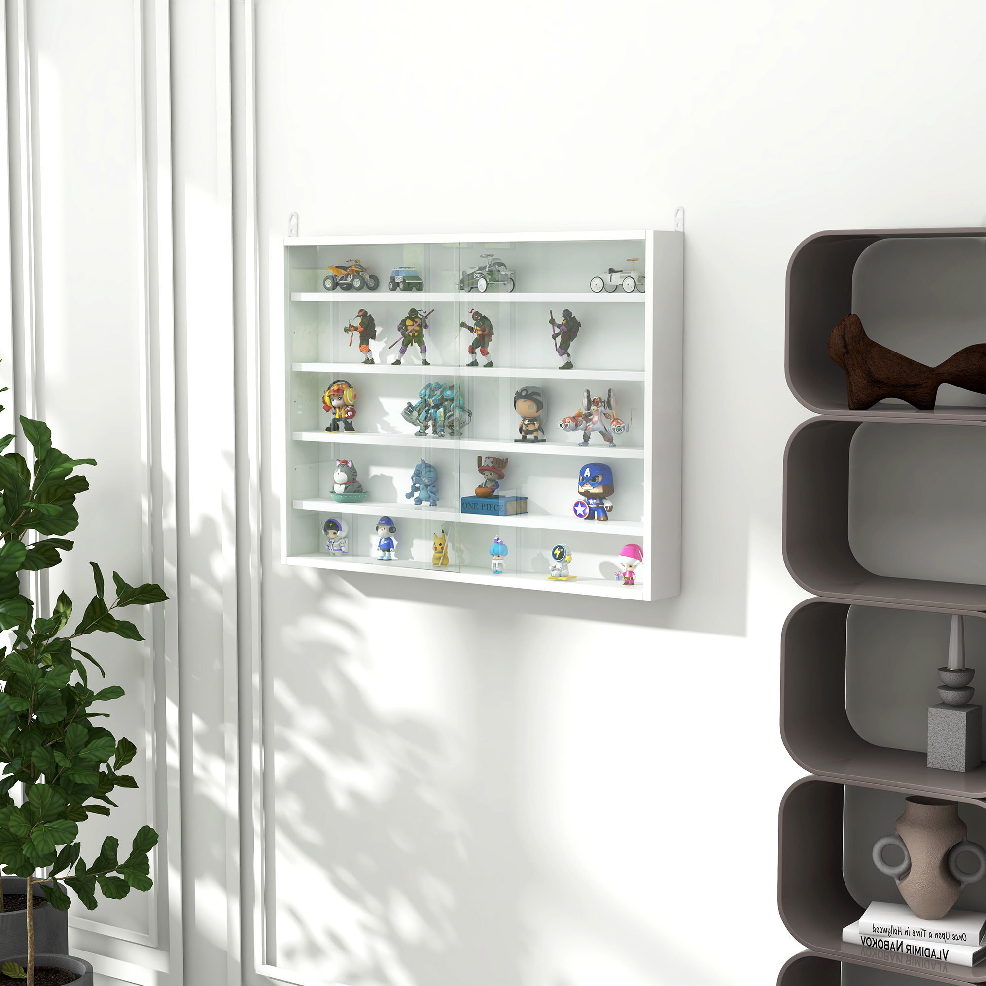 HOMCOM Wandvitrine für Sammlerstücke 5 höhenverstellbare Regale und 2 Schiebetüren 80 x 9,5 x 60 cm weiß