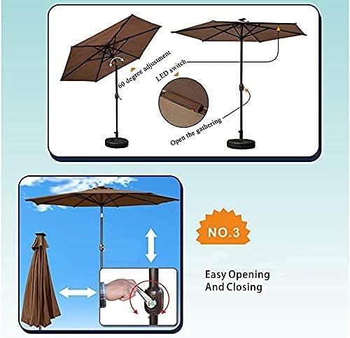 Garten-Sonnenschirm, runder Sonnenschirm mit gebogenem Schirmmast, LED-Hof-Sonnenschirm ohne Sockel, Solar-Lichtschirm, tragbarer Markt-Esstisch-Sonnenschirm für Strandgarten (braun 2,0 m)