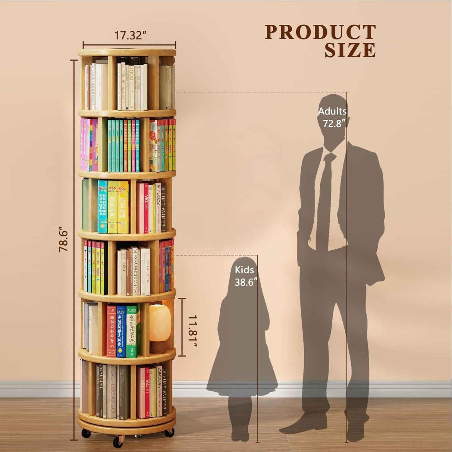 Generico Libreria Girevole 6 Ripiani, Scaffale Rotante 360° per Angoli e Spazi Piccoli in Legno Massello, Stretto per Soggiorno, Ufficio, Camera da Letto(Wood color)