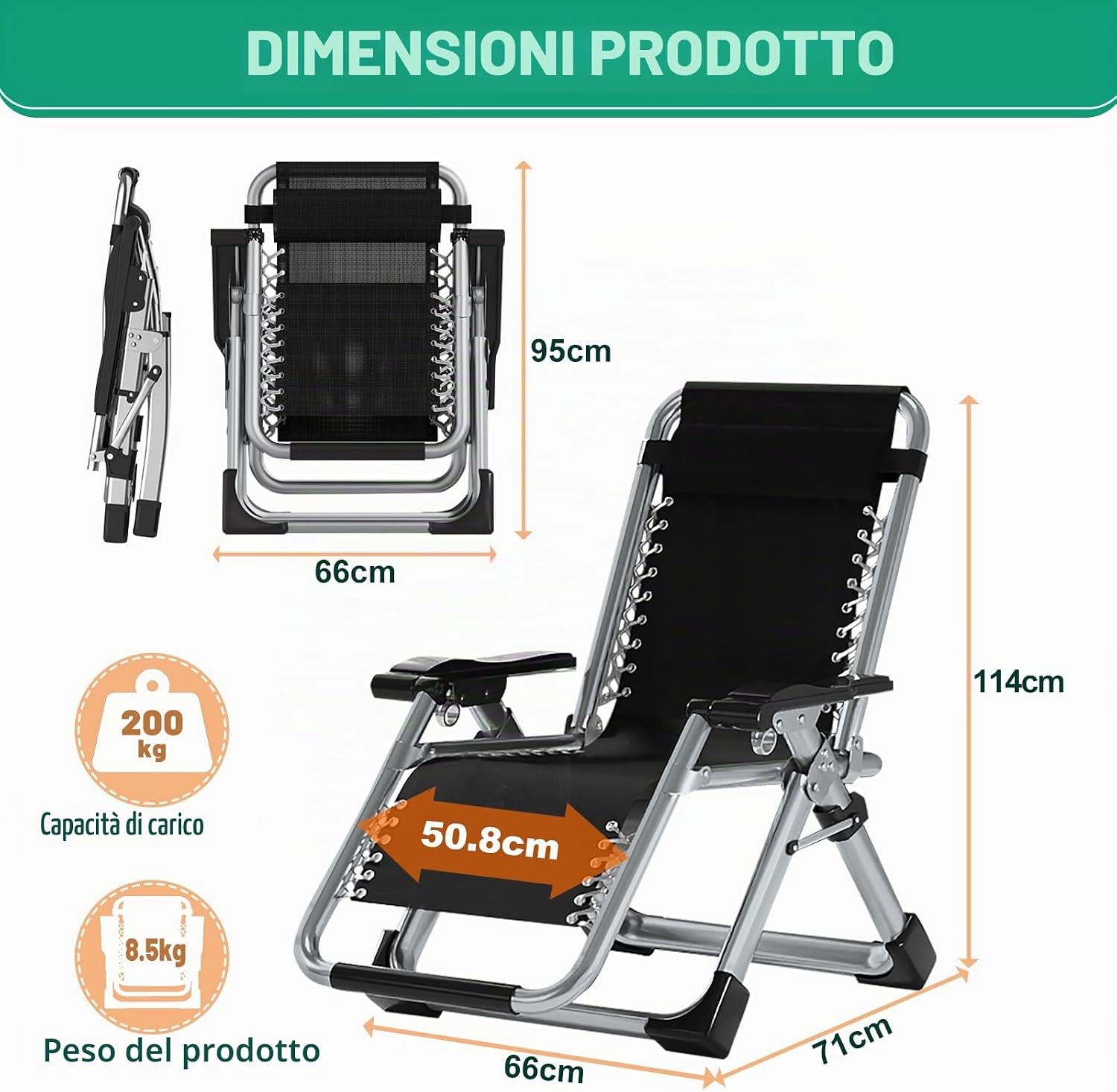 Sedia a sdraio Ryuhic, regolabile, a gravità zero, con cuscino e poggiatesta, supporto 200 kg, reclinabile pieghevole, per esterni e interni