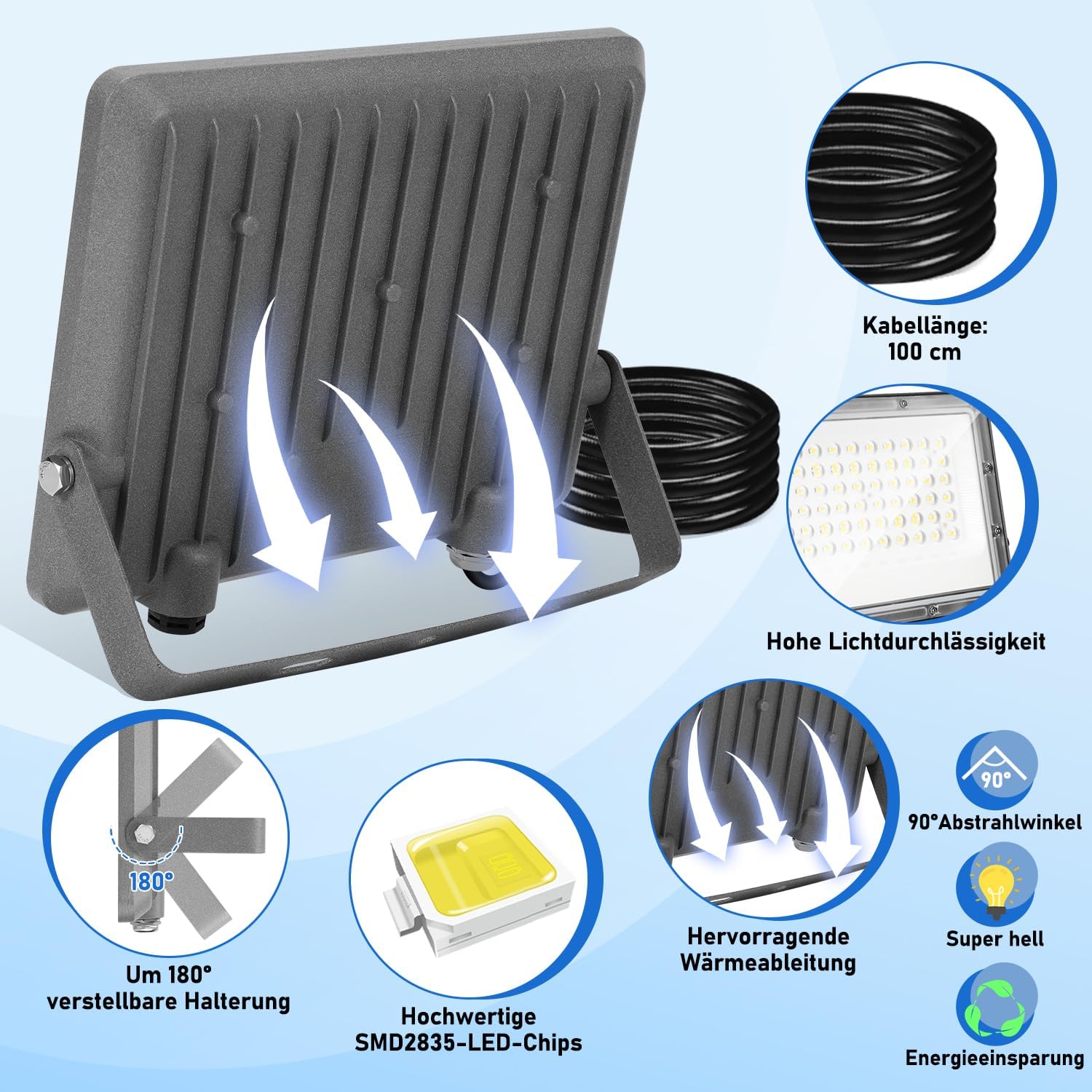 10x200W Strahler Außen, LED Flutlicht 6000K Kaltweiß Superhell 19800LM Außenstrahler mit 1M Langem Kabel, LED Fluter IP65 Wasserdicht für Außen & Innen (Kein Stecker)