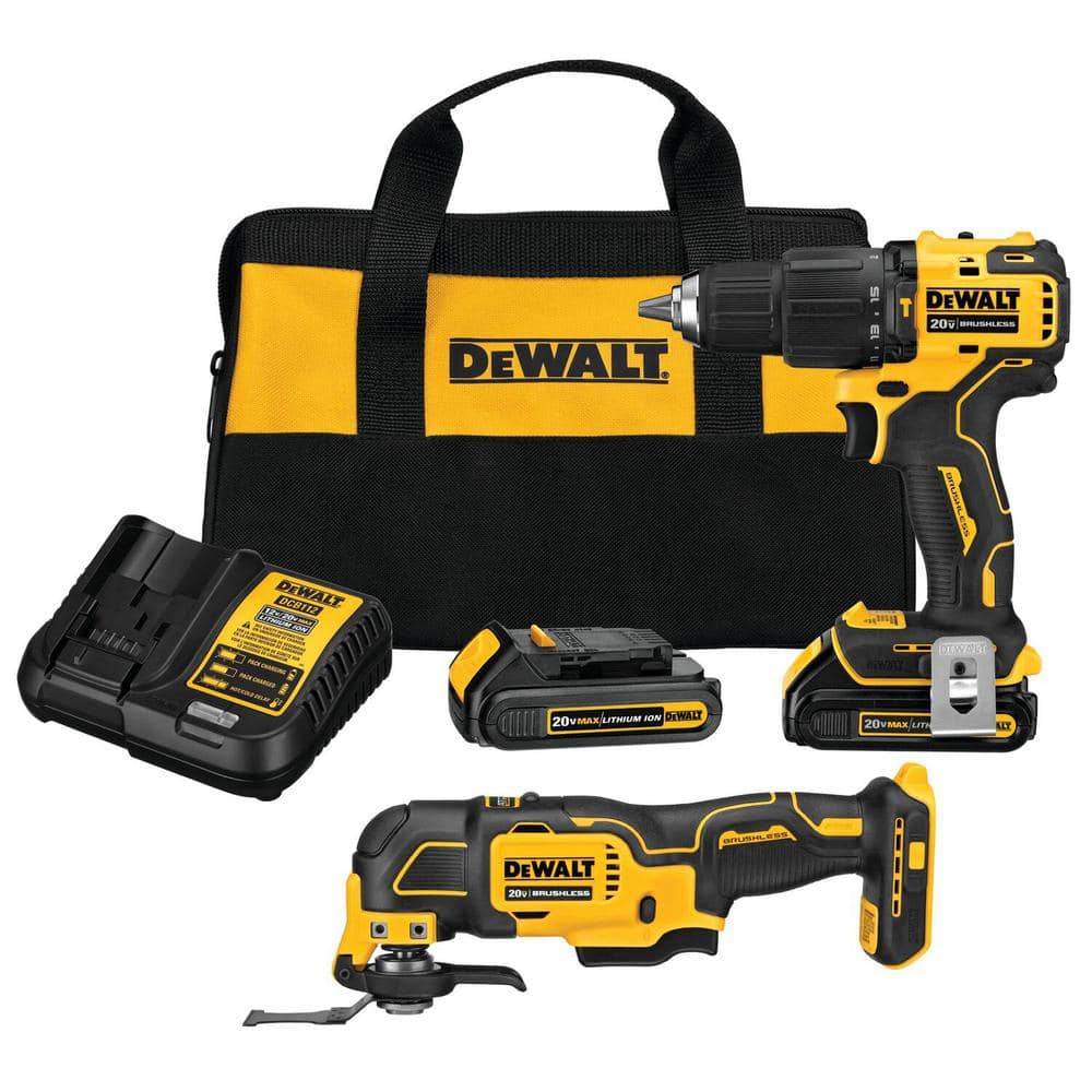 ATOMIC 20V MAX Lithium Ion Cordless Brushless Combo Kit with (2) 1.5Ah Batteries, Charger, and Bag DCK224C2
