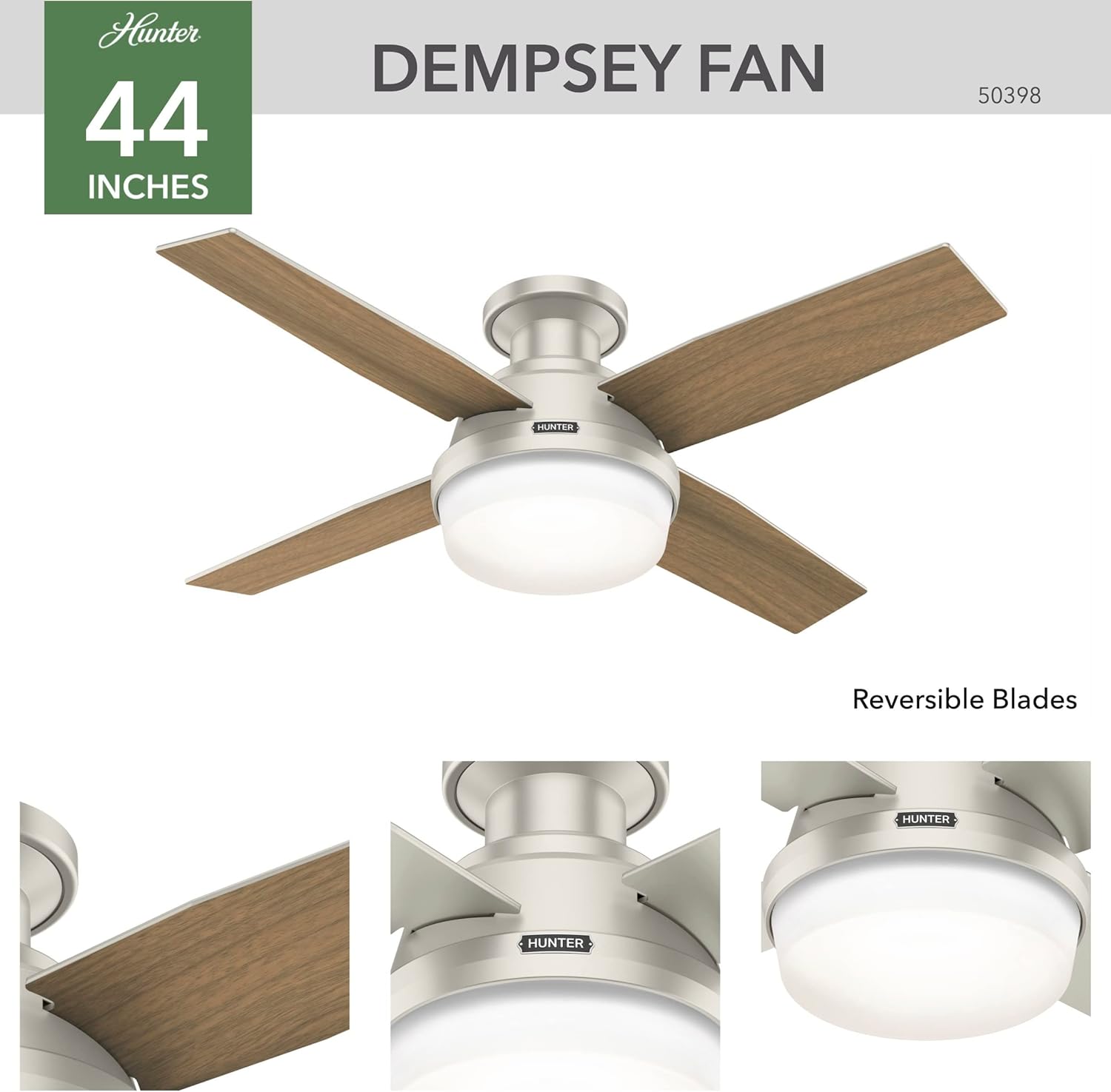 Hunter Fan Company Dempsey Low Profile Indoor / Outdoor Ceiling Fan with LED Light and Remote Control, 44&prime;&prime;, Matte Nickel