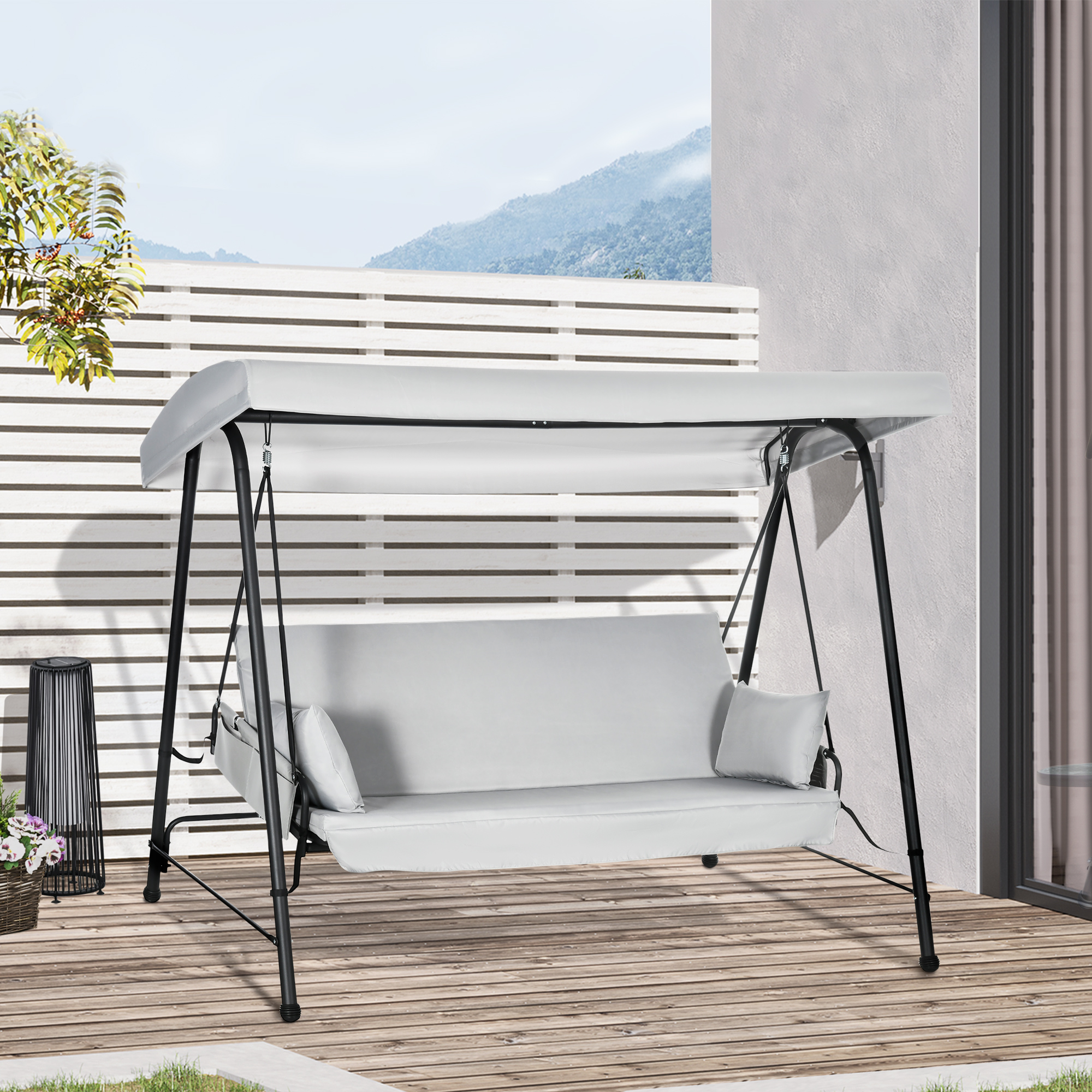 Outsunny Gartenliege 3-Sitzer, umbaubares Sonnenschutzdach, verstellbare Neigung, 2 Aufbewahrungstaschen, 236 x 138 x 185 cm, Grau