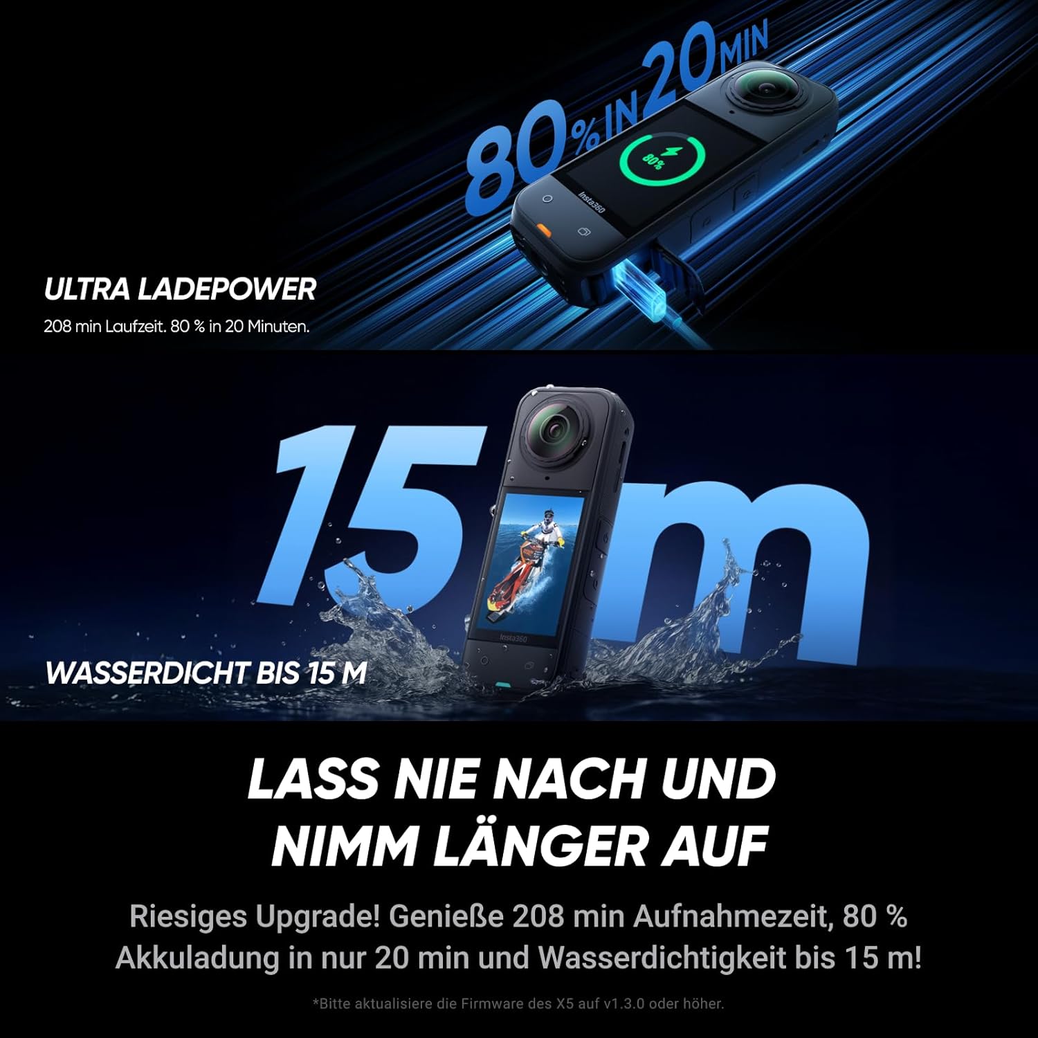 X5 Must-Have-Bundle - wasserdichte 8K 360°-Kamera, Führend bei wenig Licht, Unsichtbarer Selfie-Stick-Effekt, robuste & auswechselbare Linsen, 3 h Akku