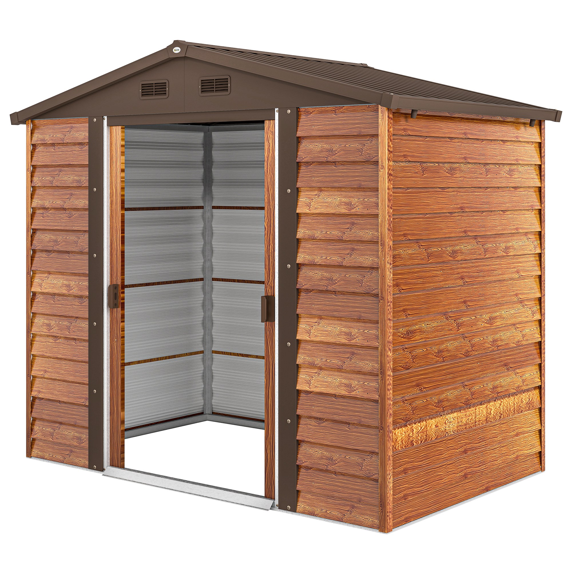 Outsunny Gartenschuppen, Geräteschuppen, Gartenhaus mit Fenster, wetterfest, Holzoptik, Stahl, 152 x 235,7 x 208,7 cm, Braun