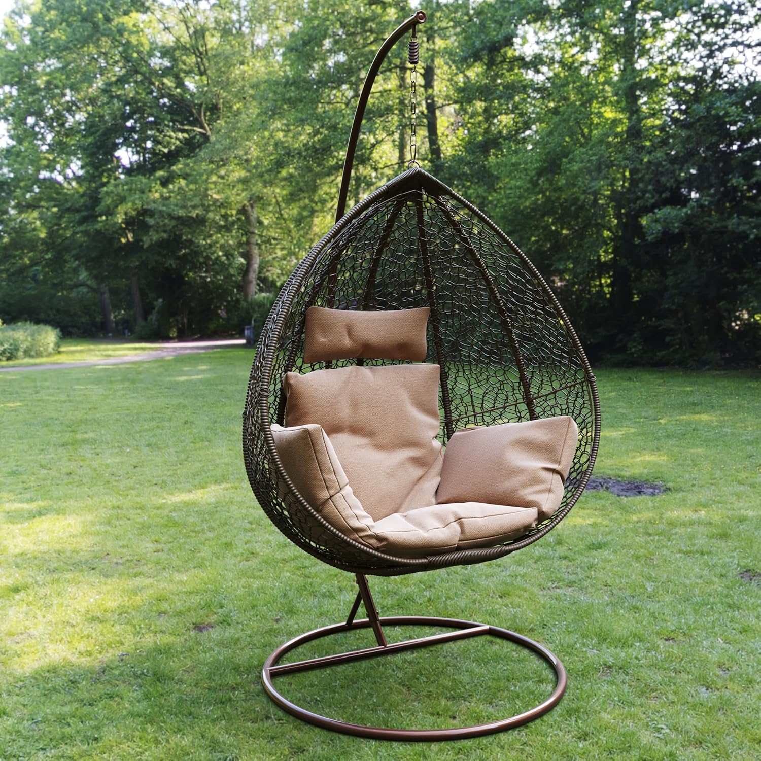 Poltrona Sospesa Pensile Sedia A Dondolo In Poly Rattan Per Interno Esterno Giardino Terrazzo Autoportante Con Struttura In Acciaio E Cuscini Sfoderabili Design Ovetto Portata 130 Kg Marrone