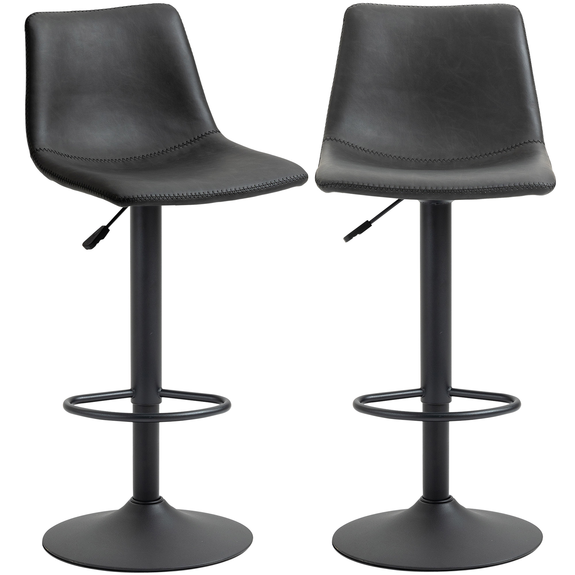 HOMCOM Set aus 2 höhenverstellbaren schwenkbaren Barhockern im Vintage-Stil mit Fußstützen aus Kunstleder - Schwarz - Höhenverstellbar 90-110 cm