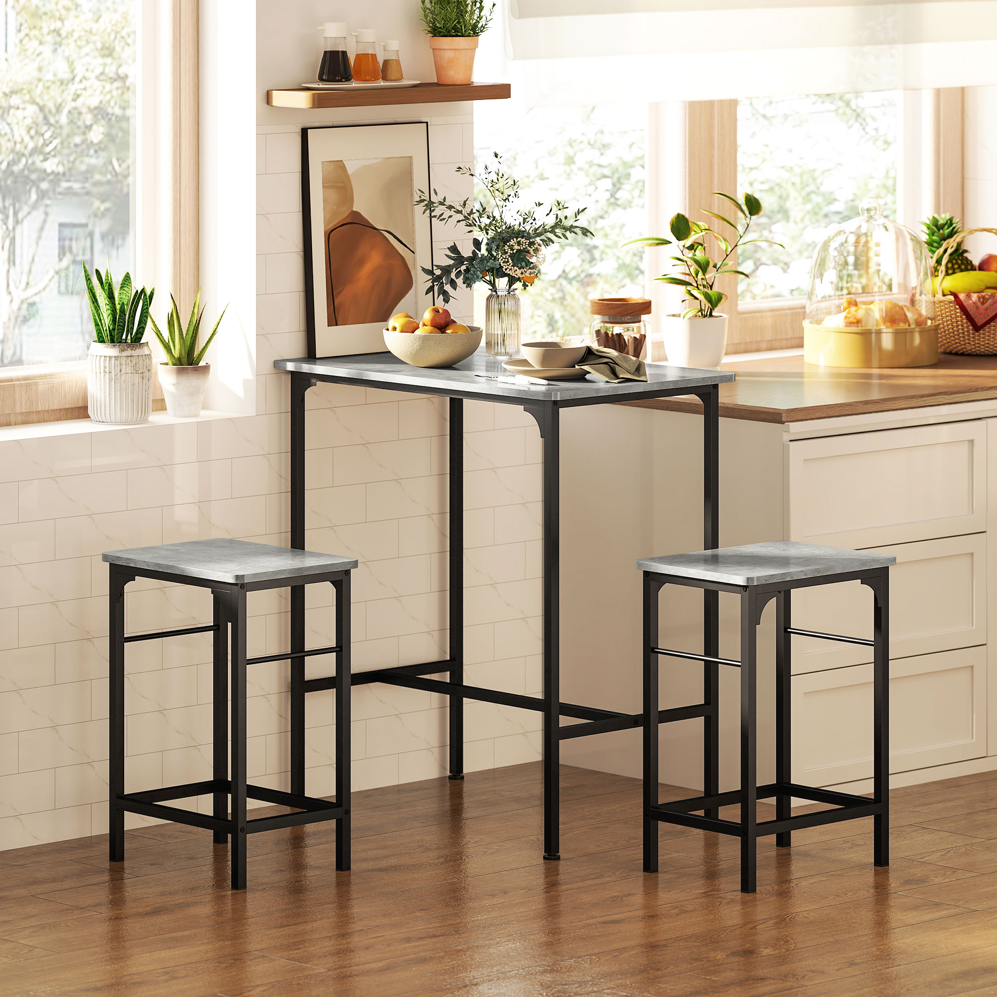 HOMCOM Bartisch Set Bartisch mit Barhocker-Set Esstisch mit 2 Stühlen mit Rutschfestem Fußpolster Grau