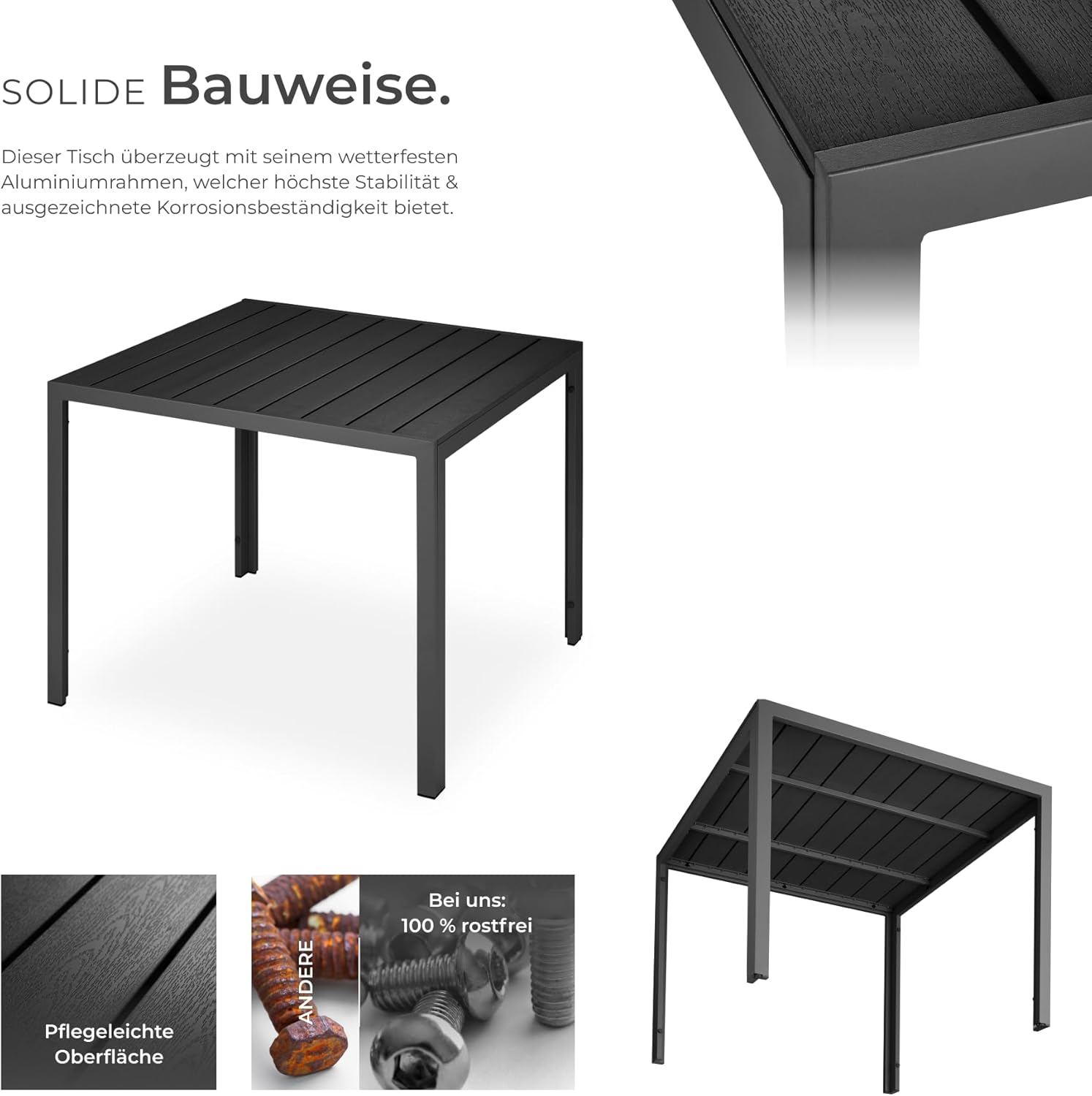 tectake® Gartentisch, Outdoor Esstisch, Balkontisch in Holz Optik, Terrassentisch mit Aluminiumrahmen, Gartenmöbel wetterfest, 90x90x74,5cm, Tisch für Garten, Lounge, Sitzgruppe - schwarz