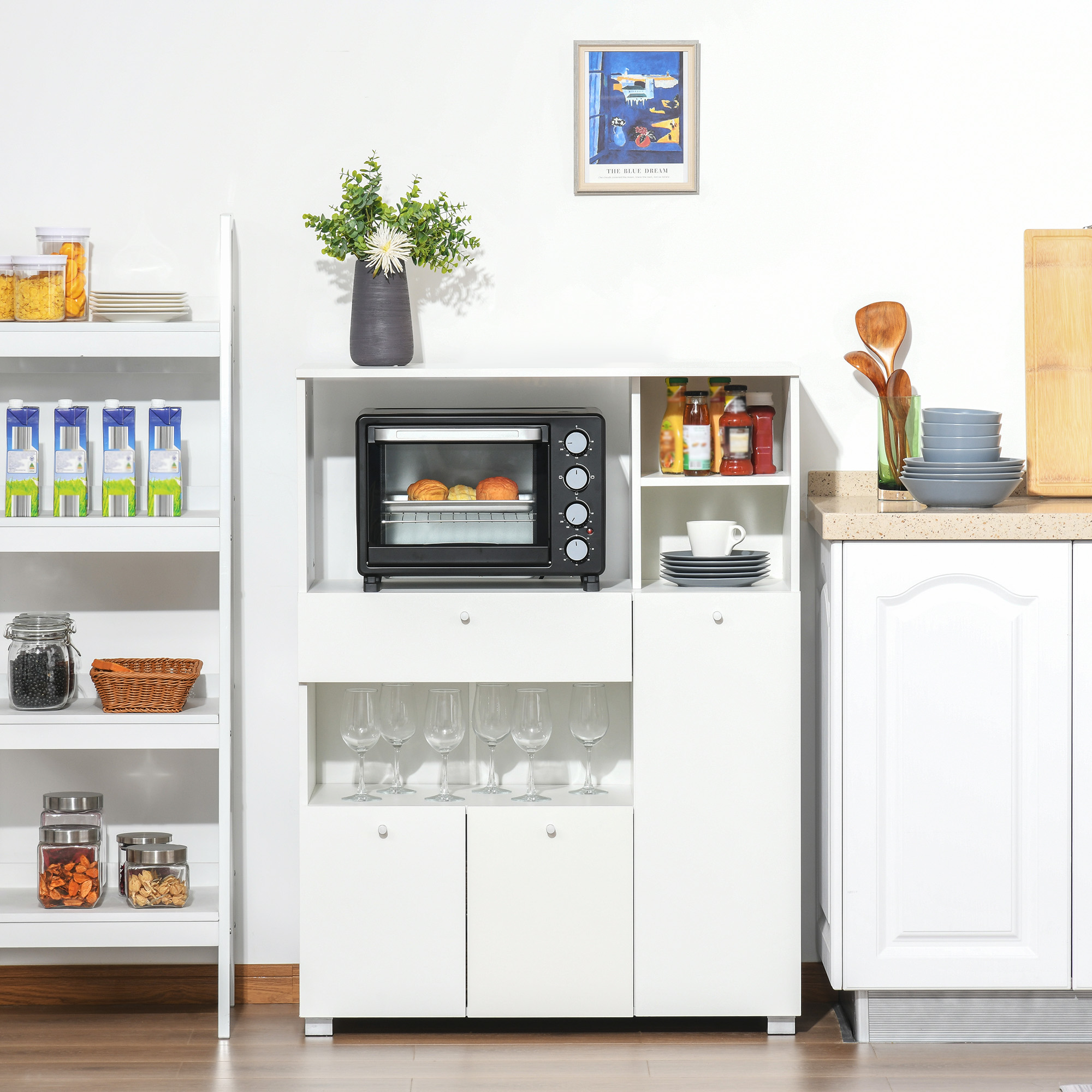 HOMCOM Mikrowellenmöbel Küchenschrank Küchenaufbewahrungsbuffet mit 2 Schränken, 4 Fächern, Schublade, 90L x 40B x 120H cm in Weißem Holz