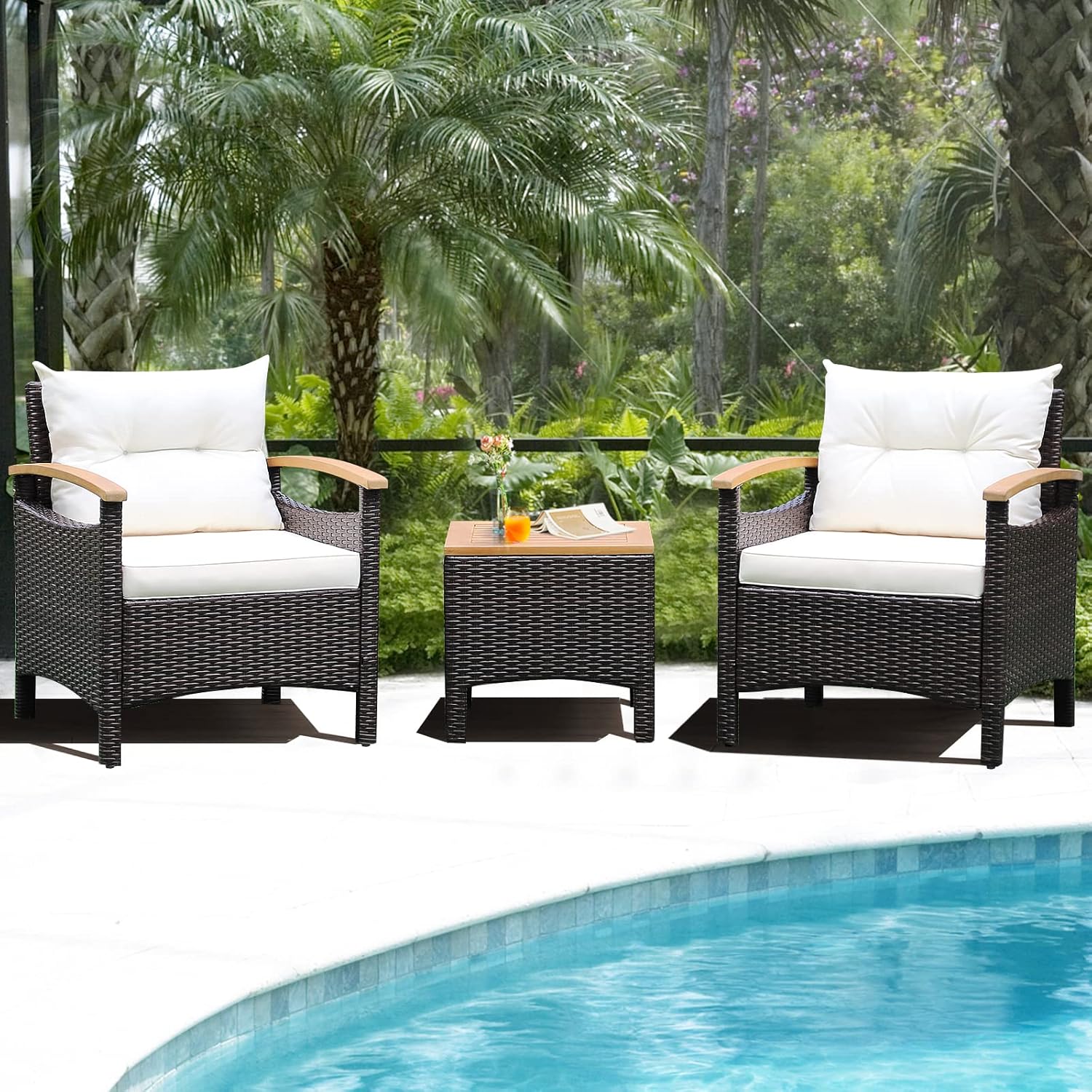GIANTEX 3 Piece Furniture Set, Outdoor Rattan Bistro Set with Coffee Table, Soft Cushions, Acacia Wood Conversation Set for Patio, Backyard, Poolside, Off White