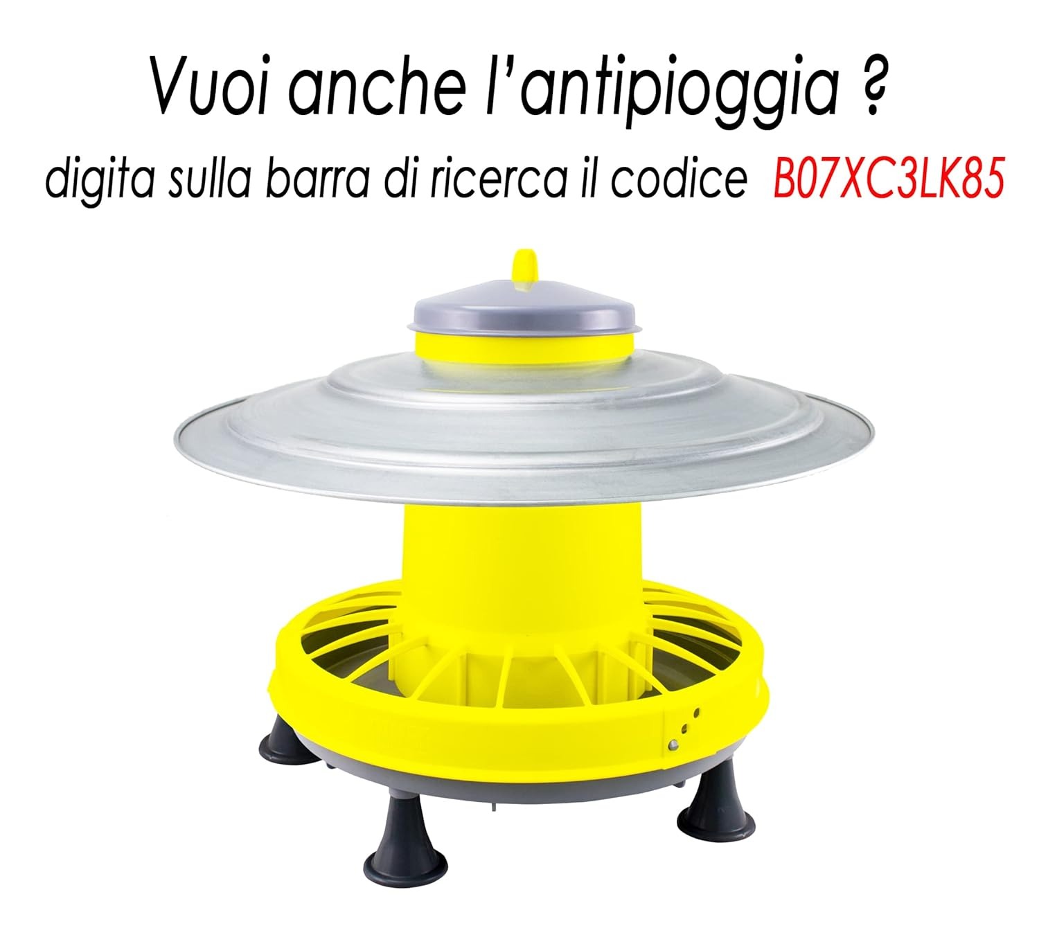 Zootec Mangiatoia per Galline, antispreco, Asta Regolazione del mangime, Coperchio e Piedini. capacità 5 kg. + Abbeveratoio per Galline a sifone in plastica con Manico e Piedini. capacità 10 Litri.