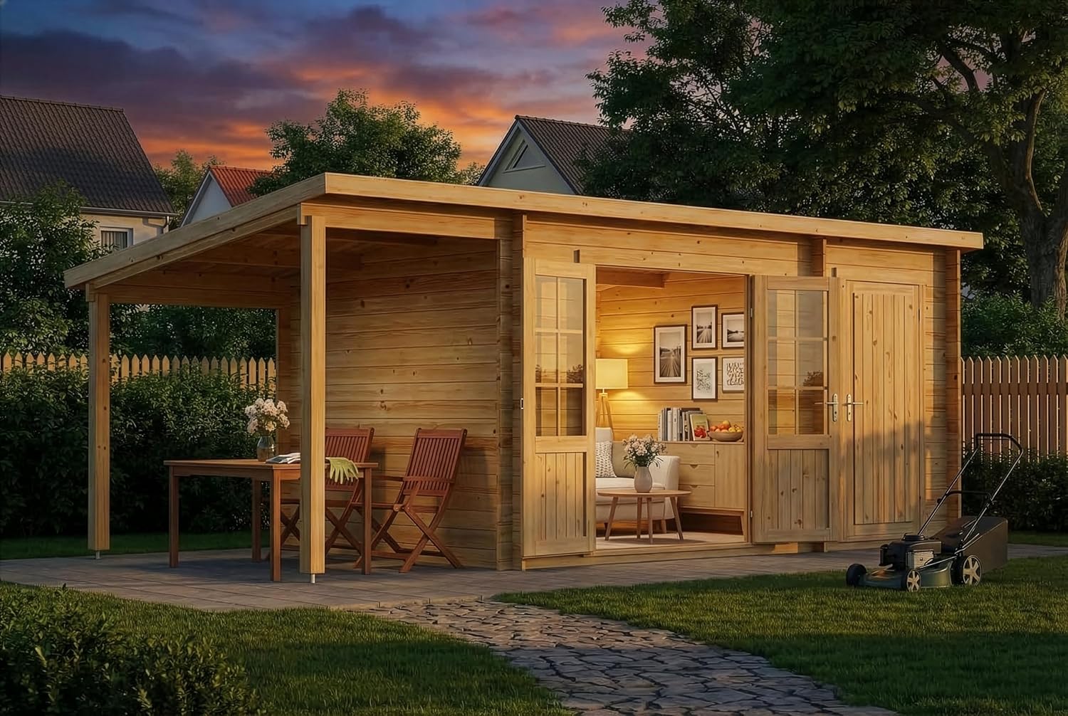 Alpholz Gartenhaus Maria mit Anbau & Schleppdach aus naturbelassenem Holz mit 40mm Wandstärke 598 x 272 cm