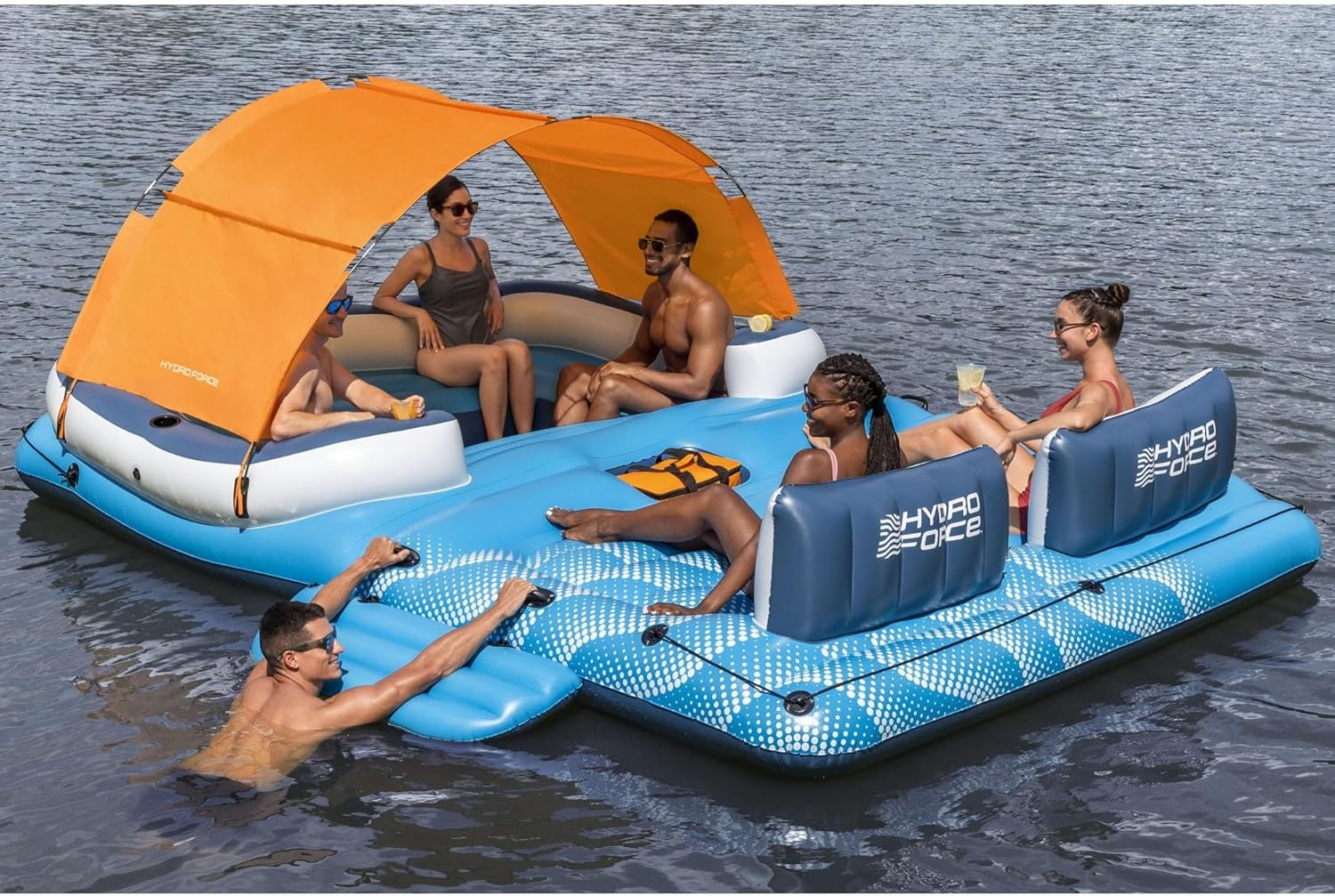 Tropical Breeze 6-persoons opblaasbaar feest-eiland, groot ontspannend waterspeelgoed met afneembaar zonnescherm en koeltas