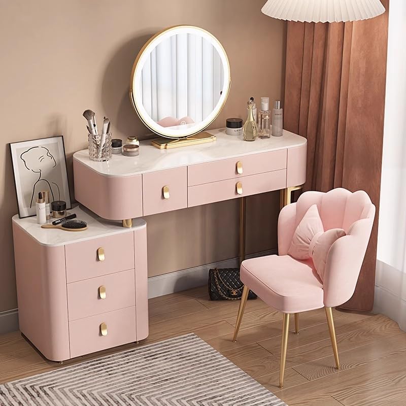 Makeup Vanity with LED Lights & Mirror, 3 Colors Adjustable Touch Light, 5 Drawers, Makeup Desk for Bedroom with Chair for Girl, Woman