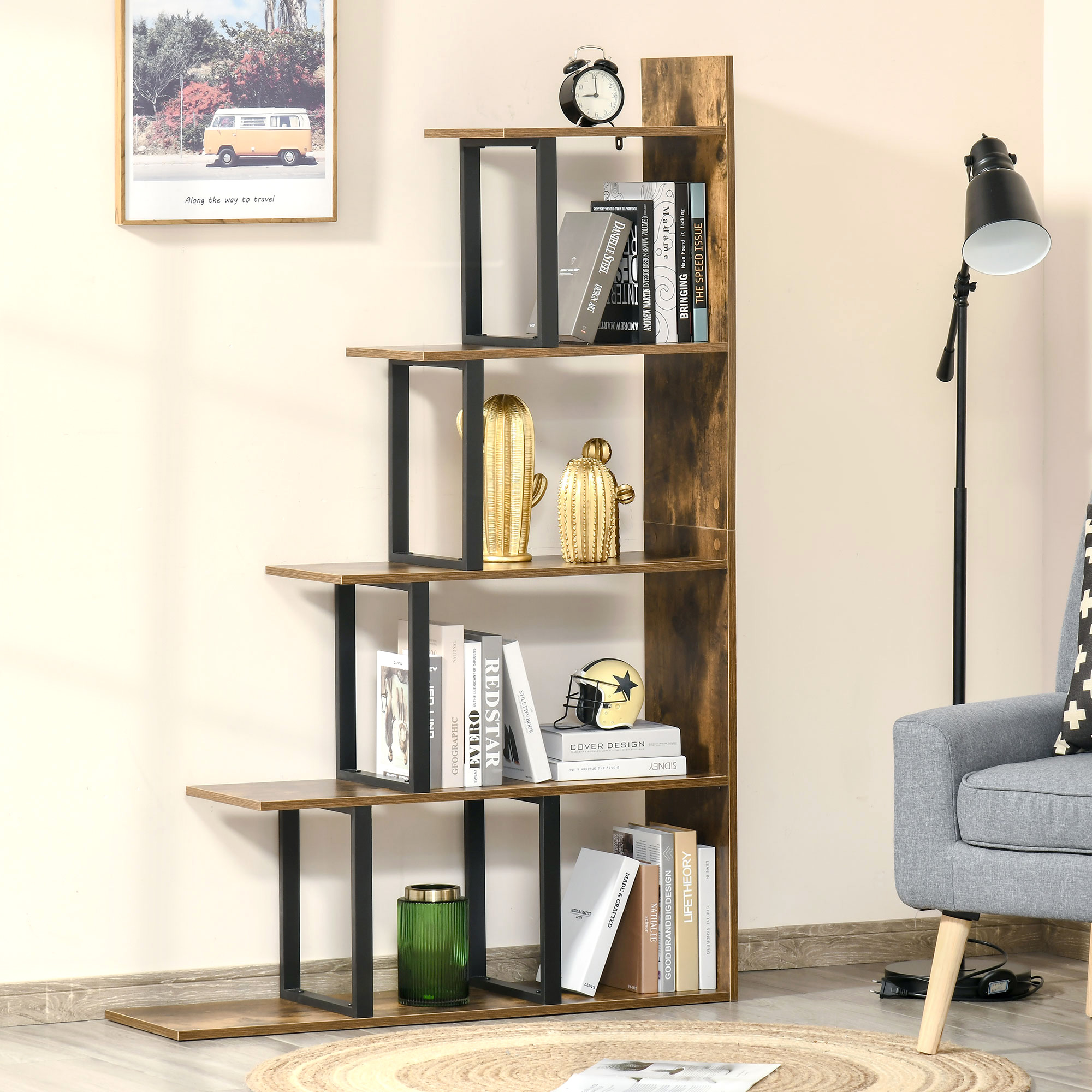 HOMCOM Bücherregal, Standregal , Wohnzimmerregal, Spielzeugregal, Holz, Rustikales Braun+Schwarz, 102 x 30 x 160 cm