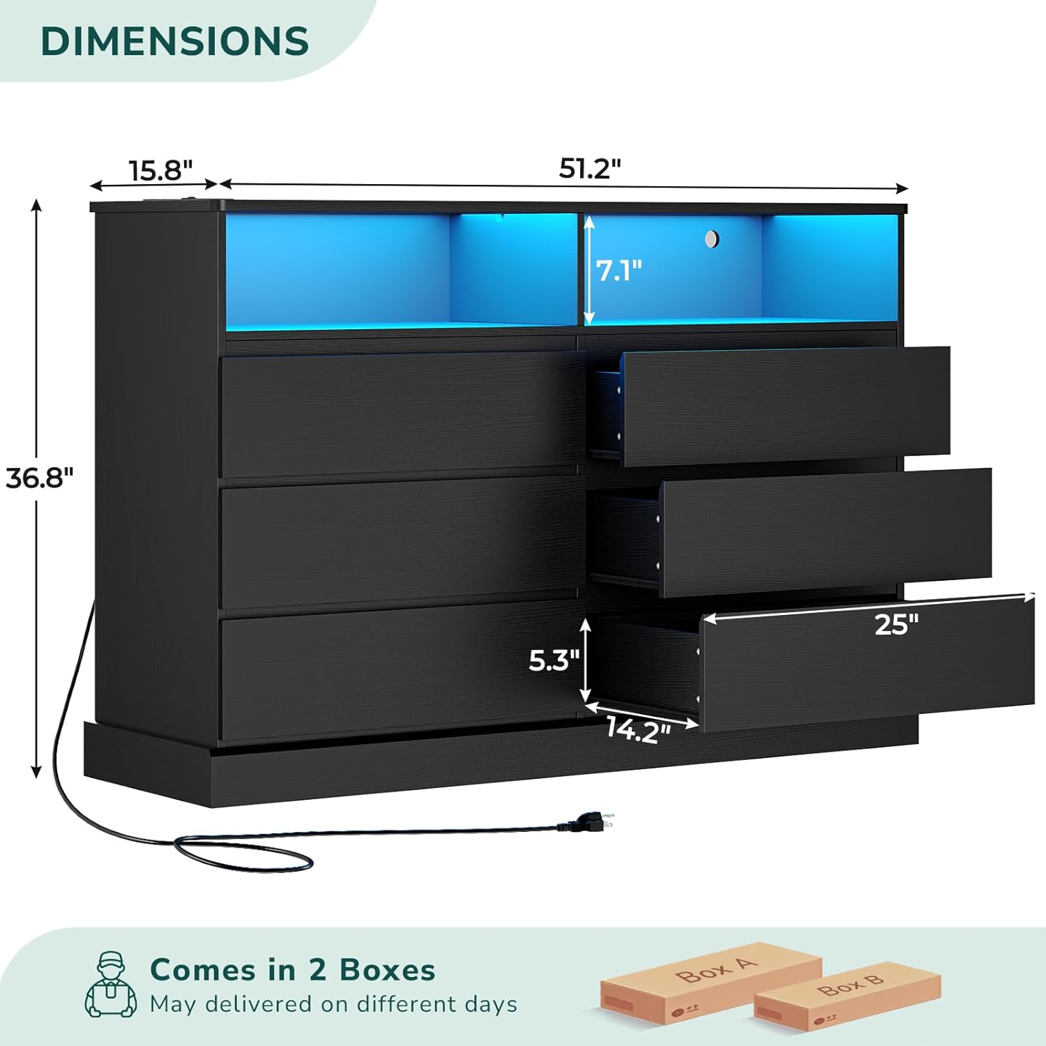 Hasuit Black Dresser for Bedroom with LED Lights and Charging Station, 51.2