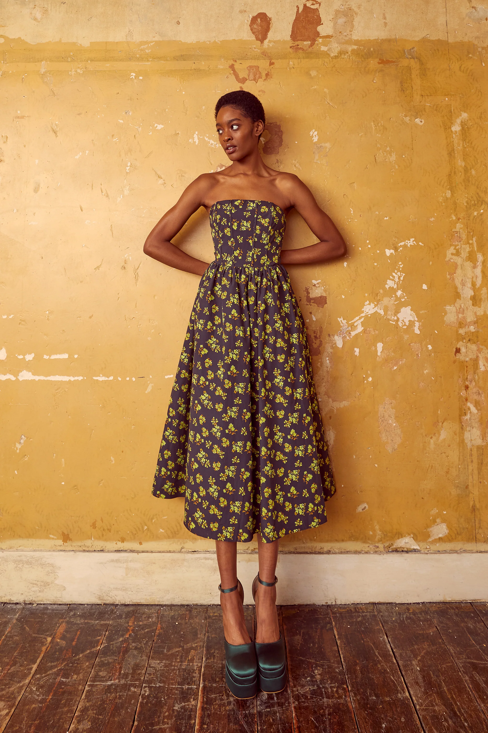 Henrietta Navy-Yellow-Ditsy-Floral Strapless Corset Midi-Dress