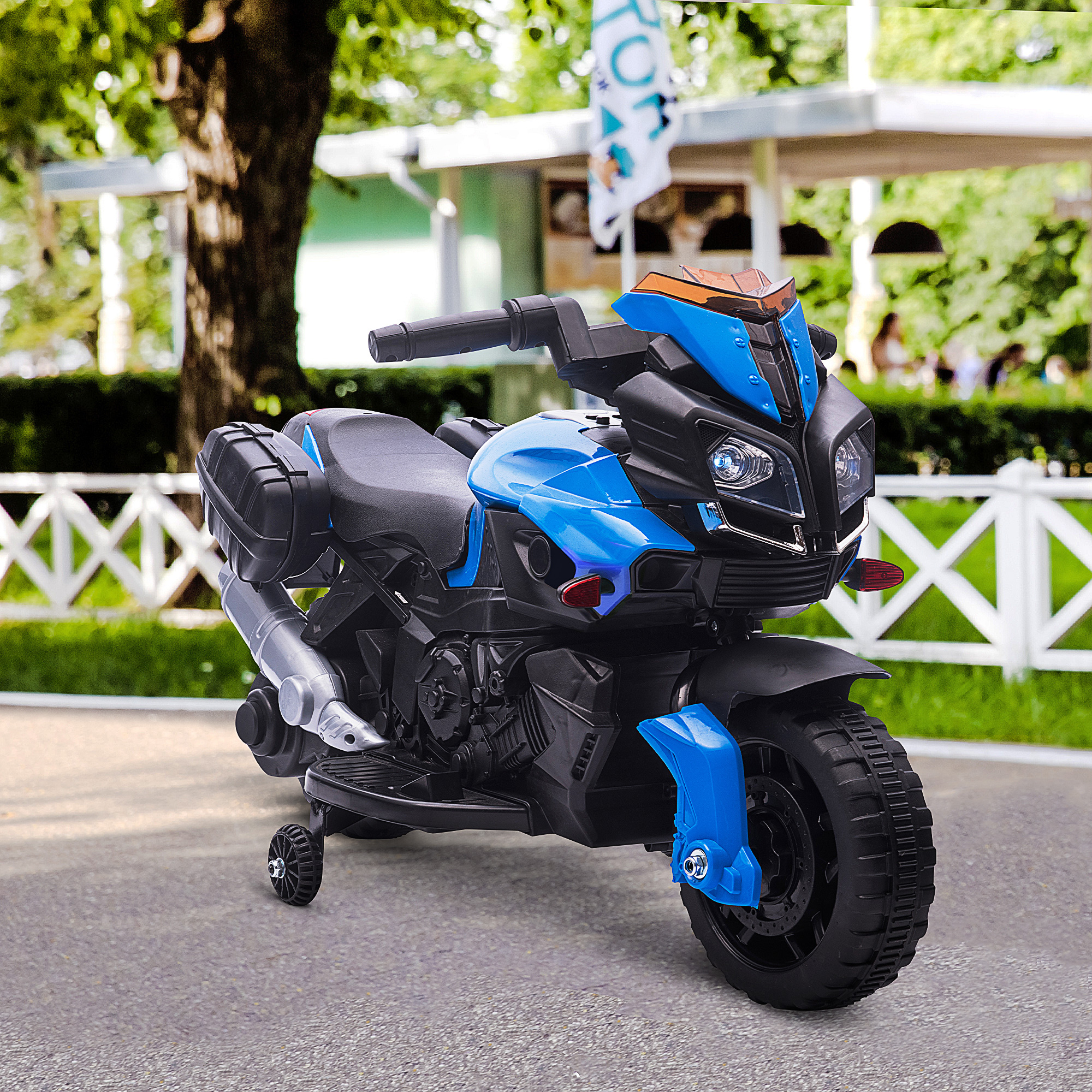 HOMCOM Elektro-Kinderfahrzeug 6 V 3 Km/h Licht- und Soundeffekte abnehmbare Räder Fußstützen Seitentaschen Metall PP Blau Schwarz