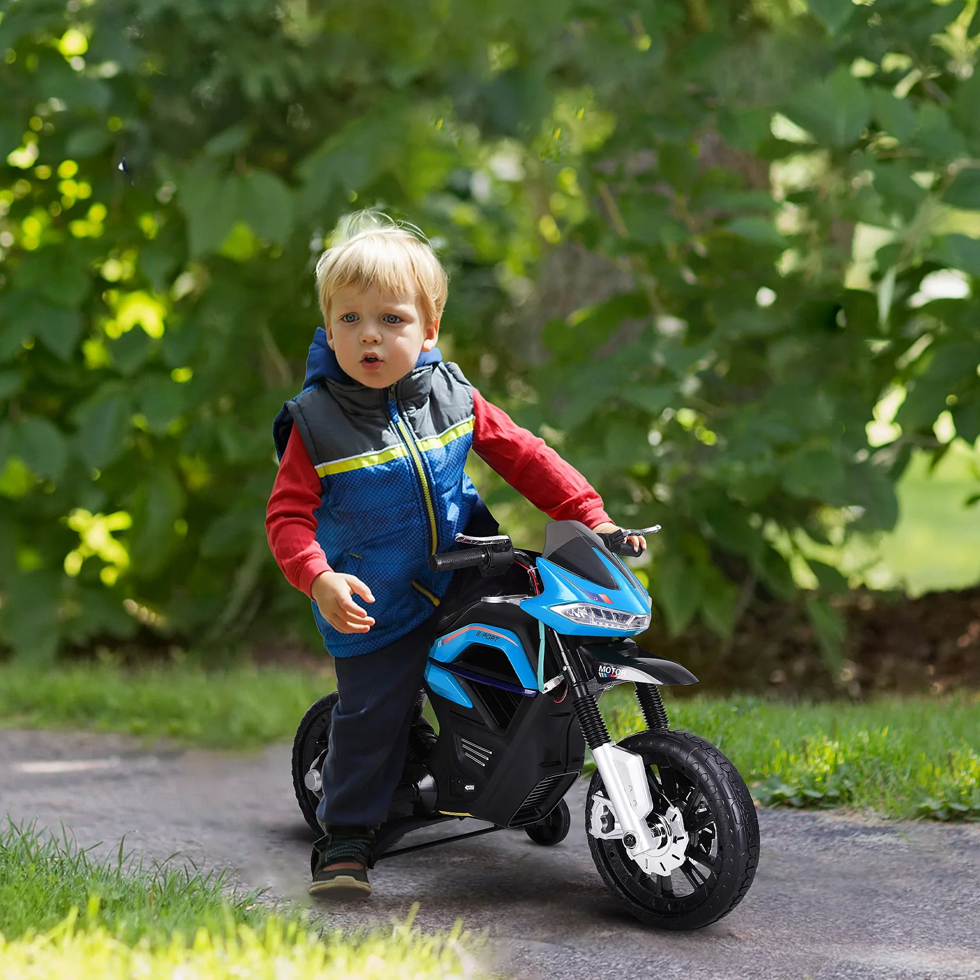 HOMCOM Kindermotorfiets Elektrisch voertuig met licht, muziek en zijwieltjes Blauw