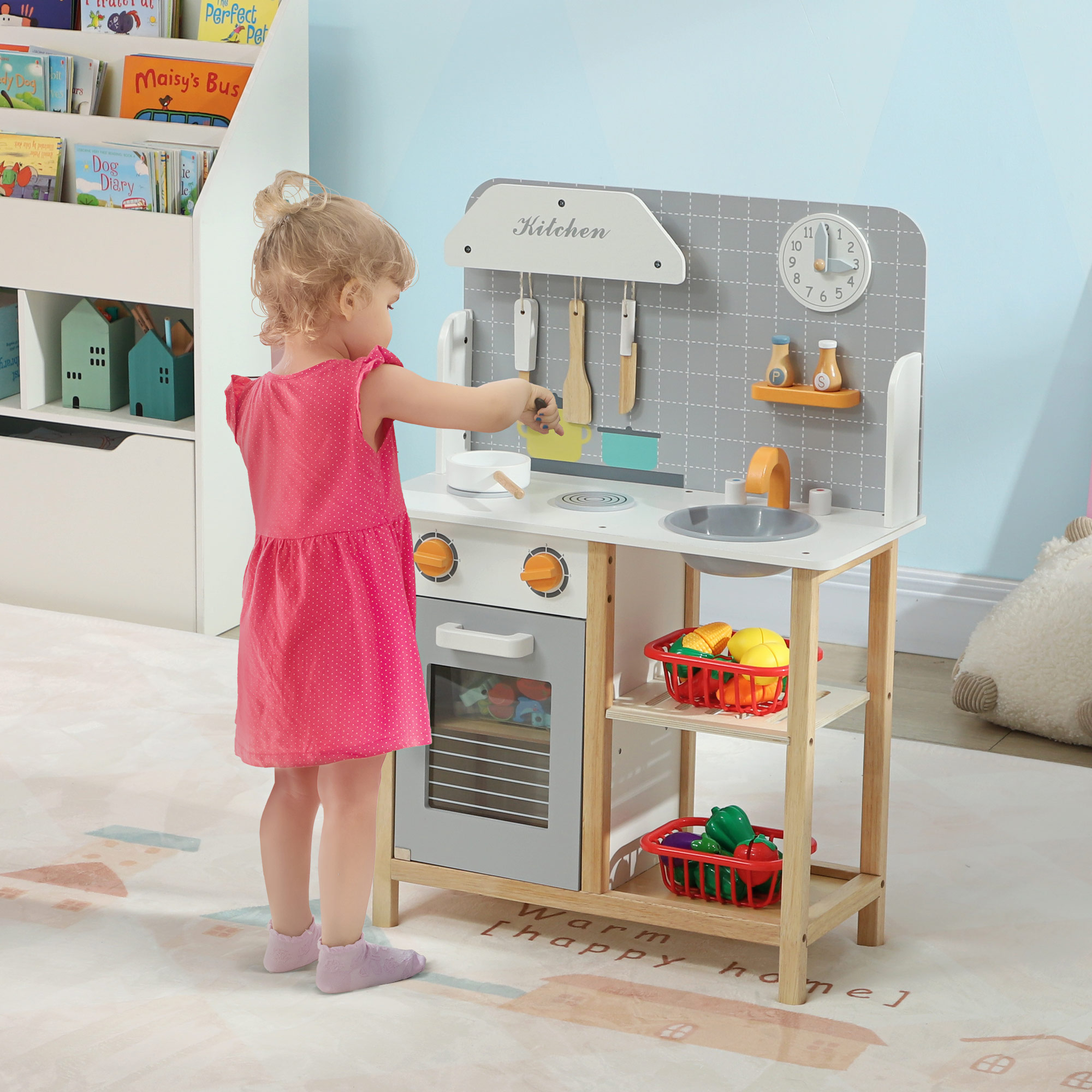 AIYAPLAY Spielküche mit Zubehör, Herd & Ofen, Spüle, Uhr, Ablagen, für 3-6 Jahre, Grau