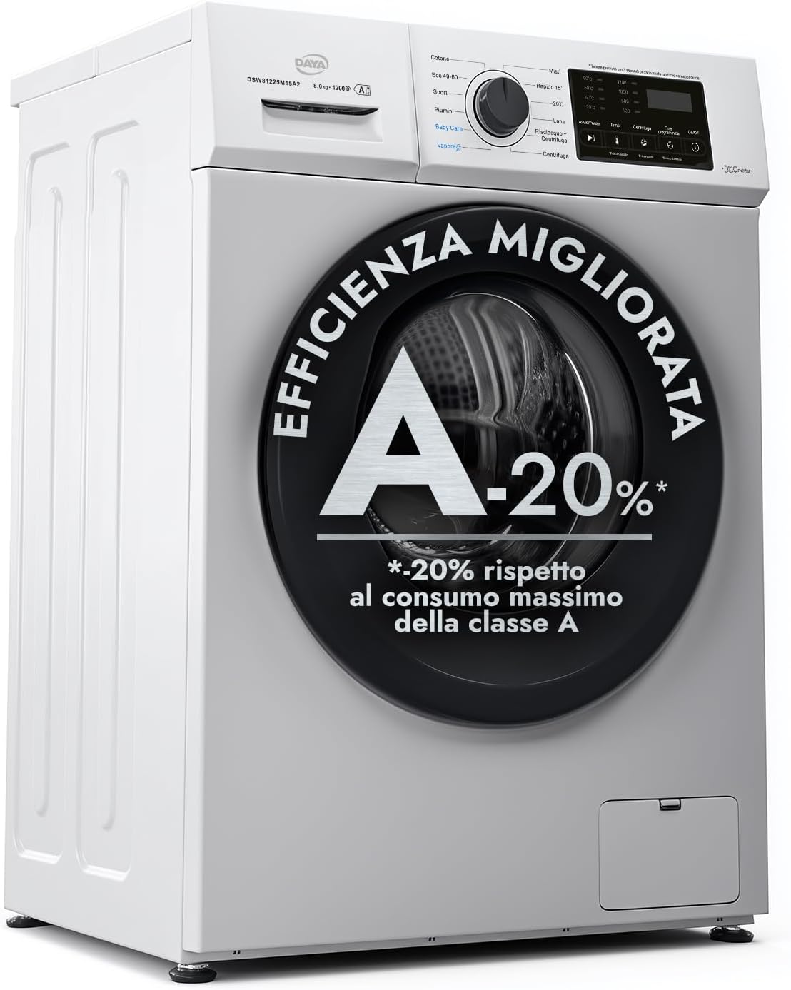 Daya DSW81225M15A2, lavatrice a carica frontale, classe A-20%, 8Kg, 1200 giri, profondità slim