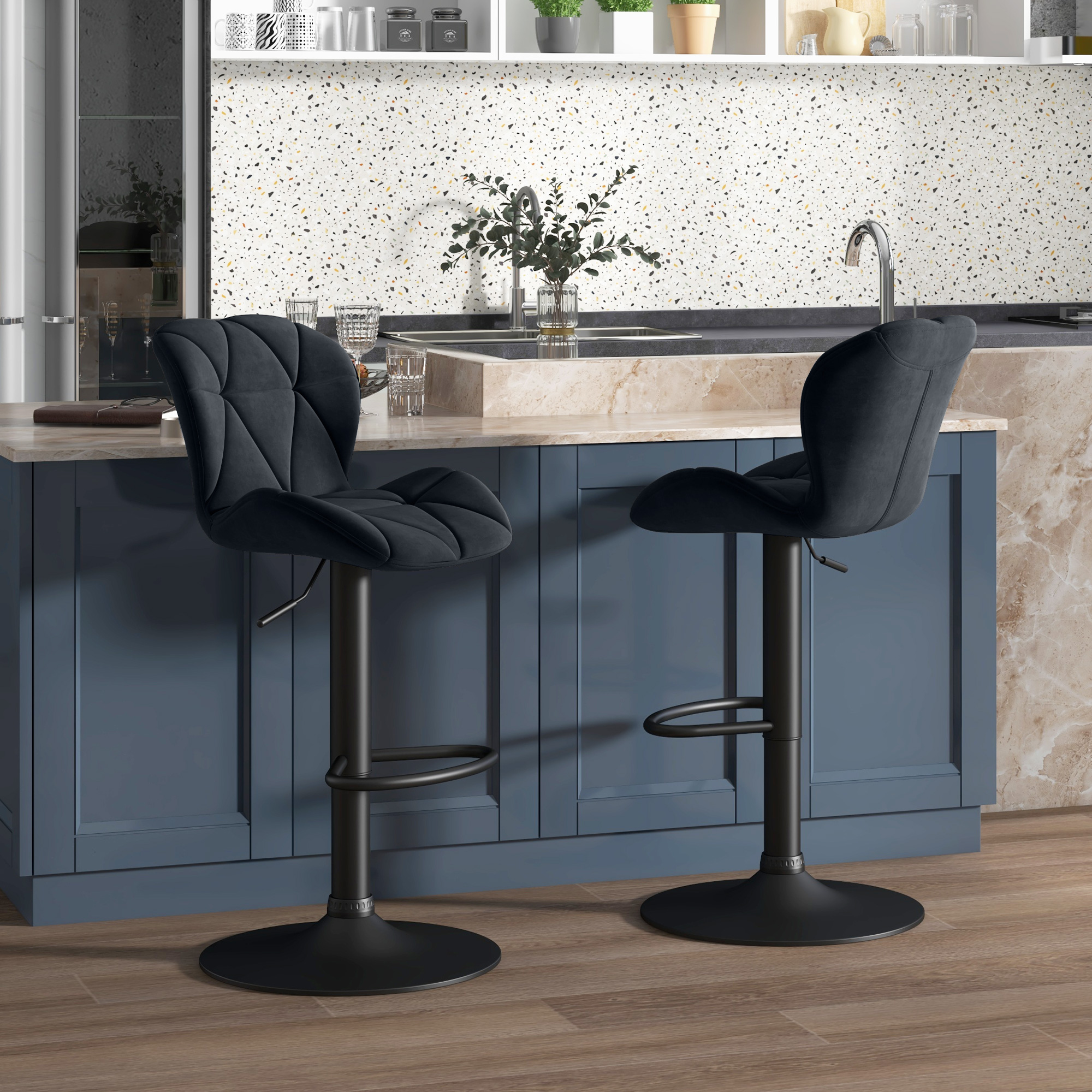 HOMCOM 2er-Set Barhocker drehbare Barstühle mit Lehne höhenverstellbarer Bistrohocker Tresenhocker Samt Touch armloser Schaumstoff Schwarz 51,5x 57,5 x 93-114,5 cm