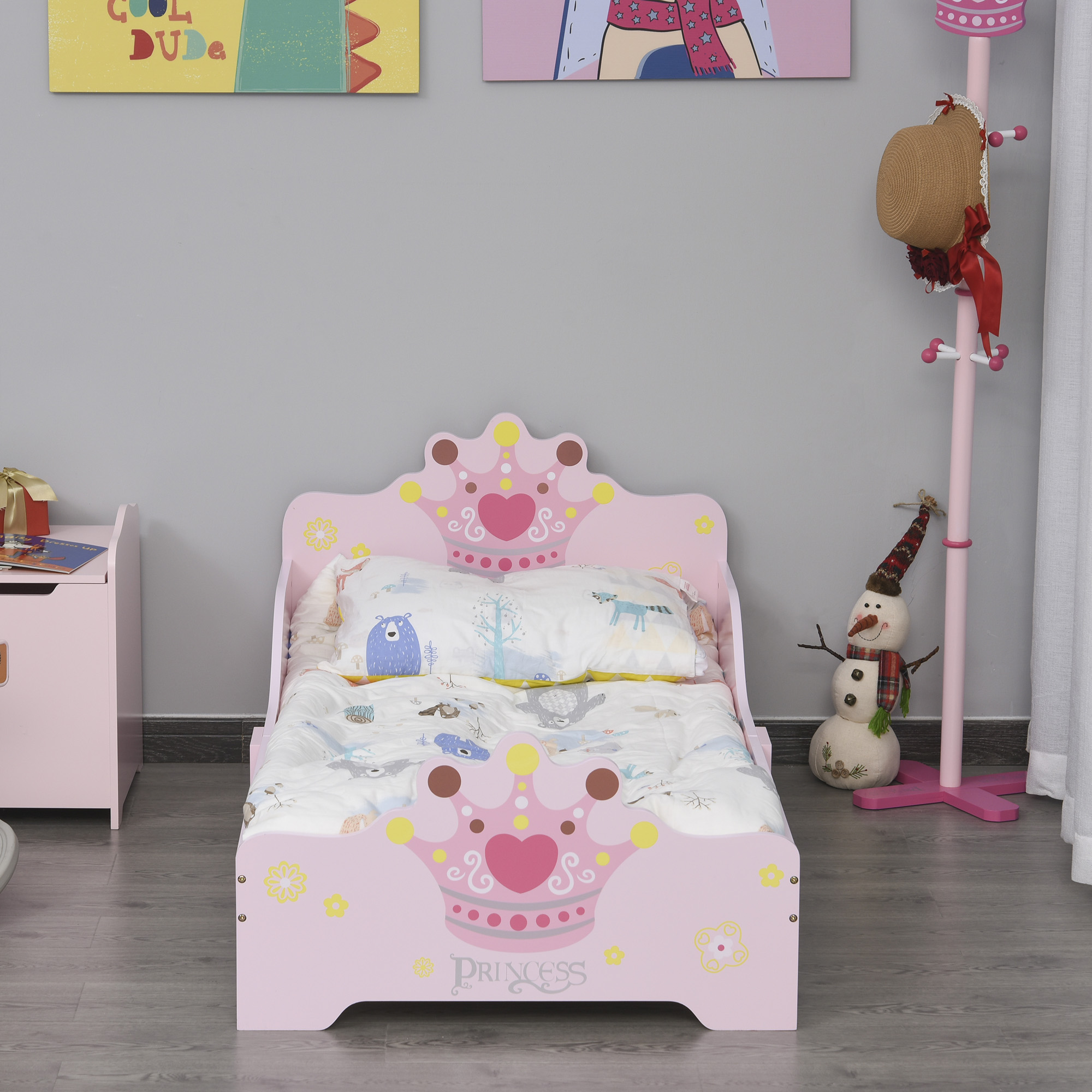 HOMCOM Kinderbett mit Prinzessinnen-Motiv mit Rausfallschutz für 3–6 Jahre, Mädchenbett, Holzbett für Kinderzimmer, Pappelholz, 143 x 73 x 60 cm